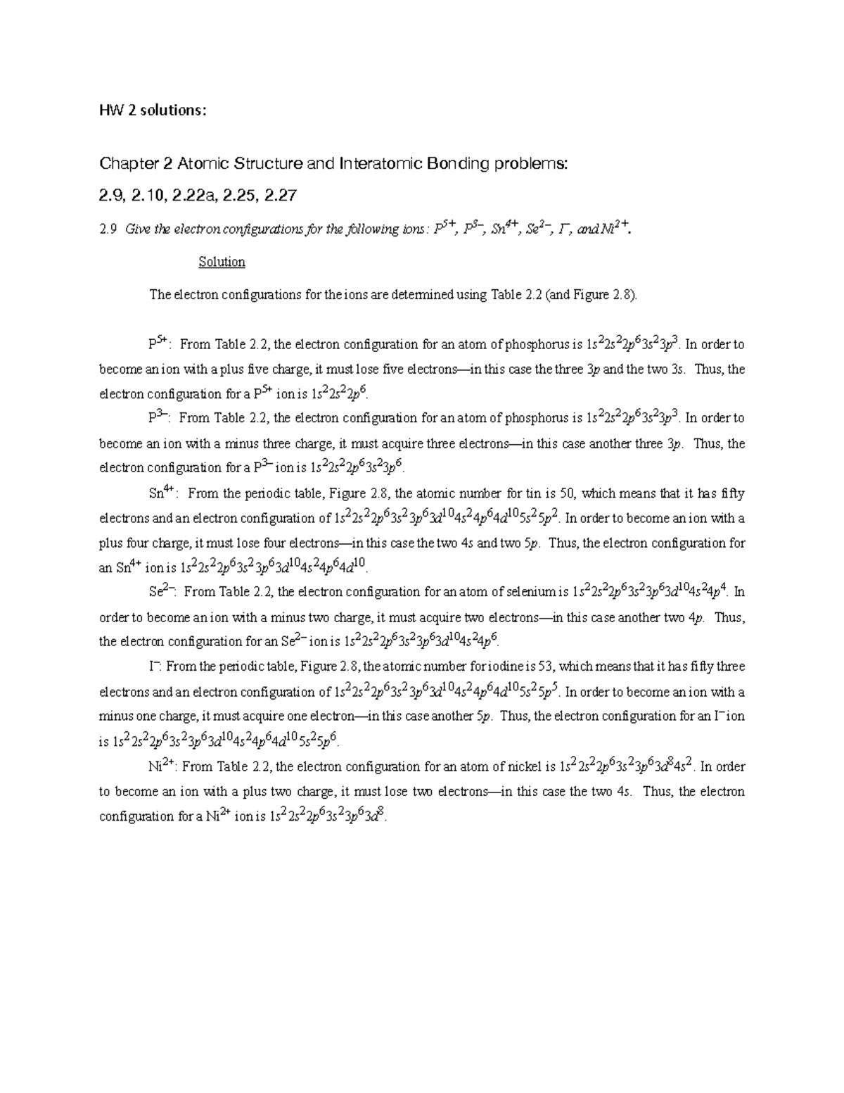 HW 2 Solutions: Engineering Materials Electron Configs & Bonding Types ...