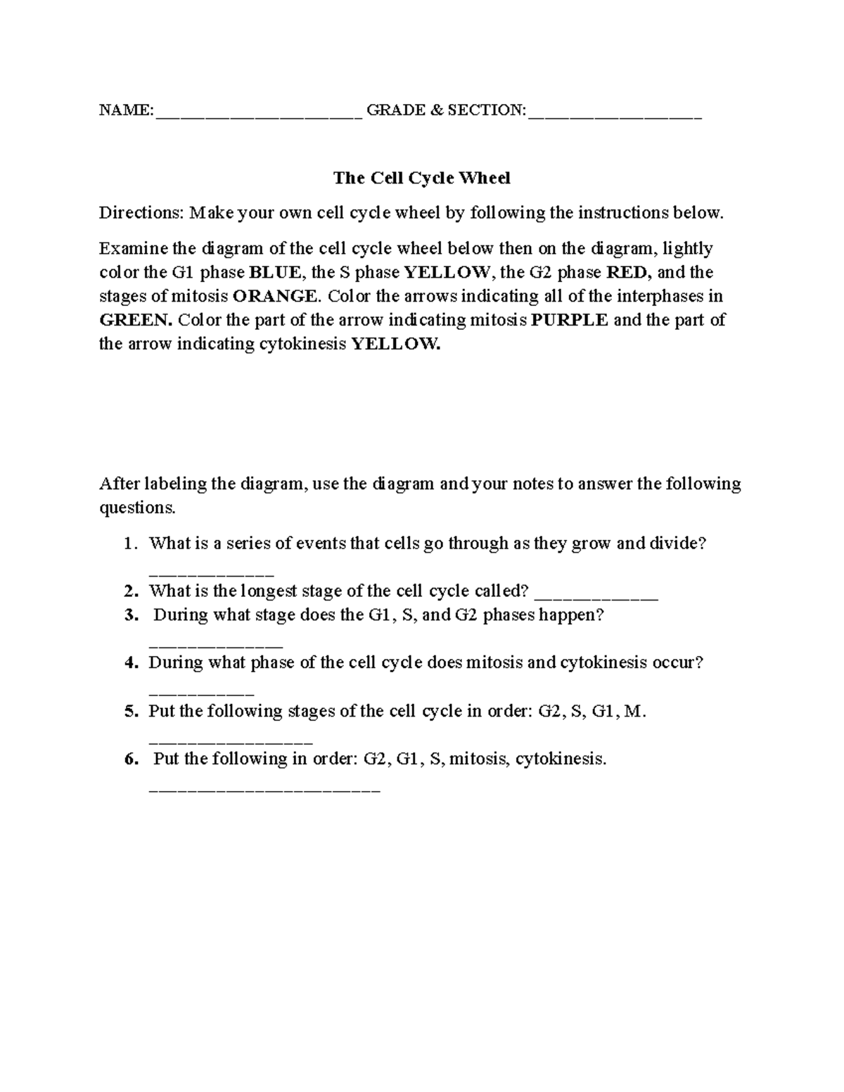 CELL Cycle Wheel Instructions and Questions - Studocu