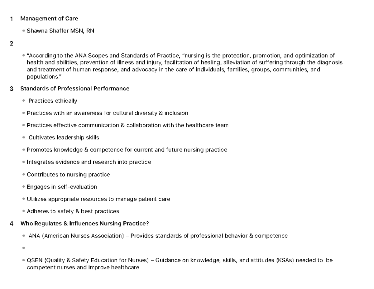 Management of Care Final Exam Study Notes (NURS 101) - Studocu