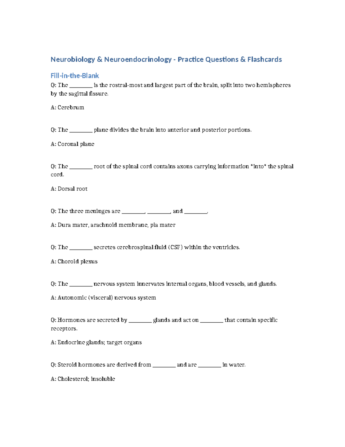 Neurobiology (NEURO 101) Practice Questions Flashcards - Studocu