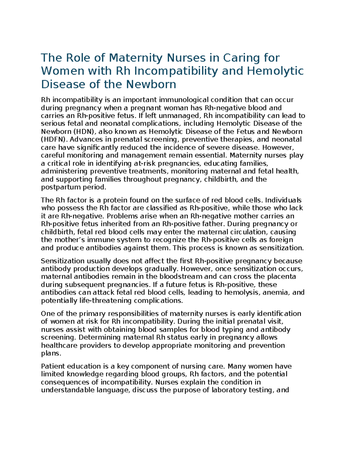 Maternity Nursing Care for Rh Incompatibility & Hemolytic Disease - Studocu