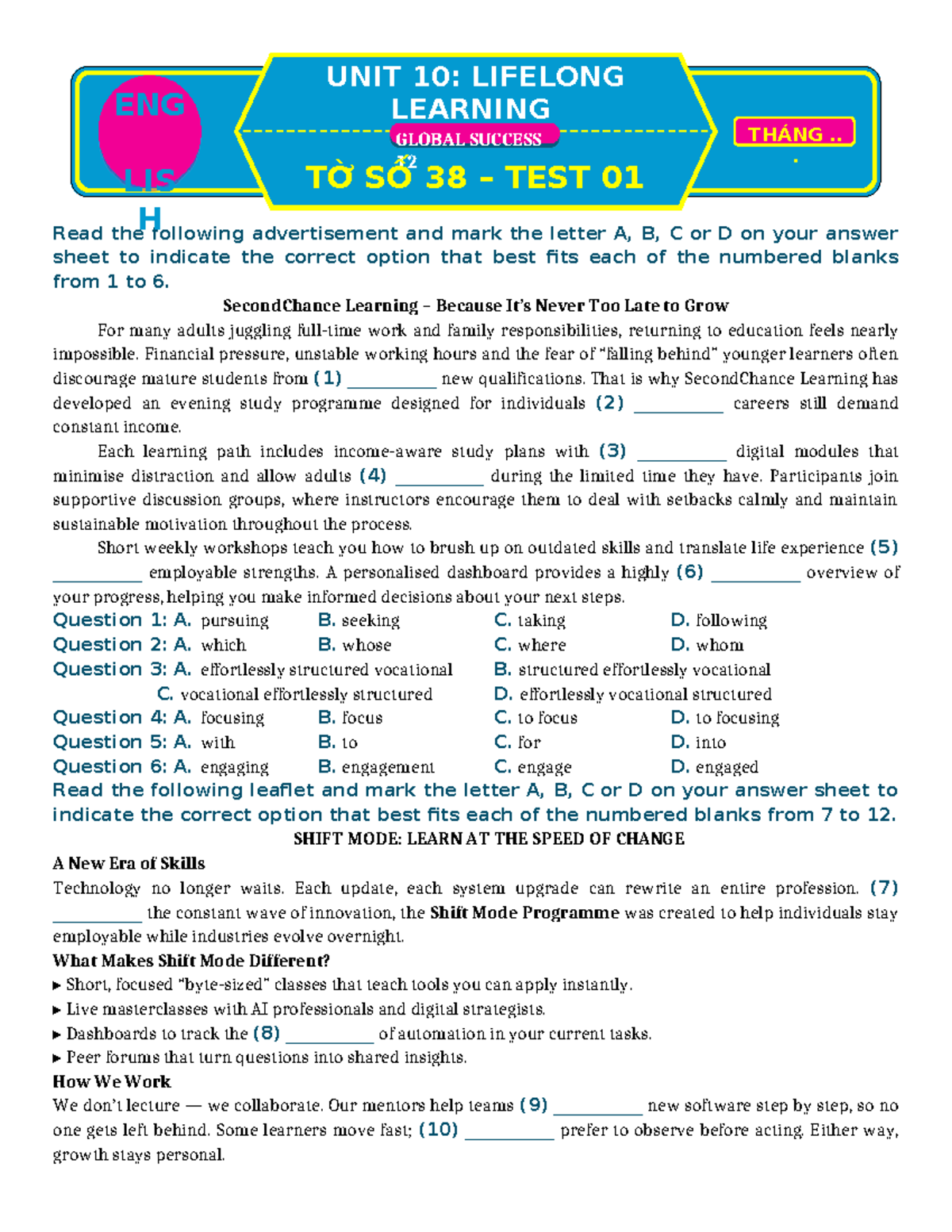 TỜ 38 TEST 01 UNIT 10: LIFELONG LEARNING AND GLOBAL SUCCESS - Studocu