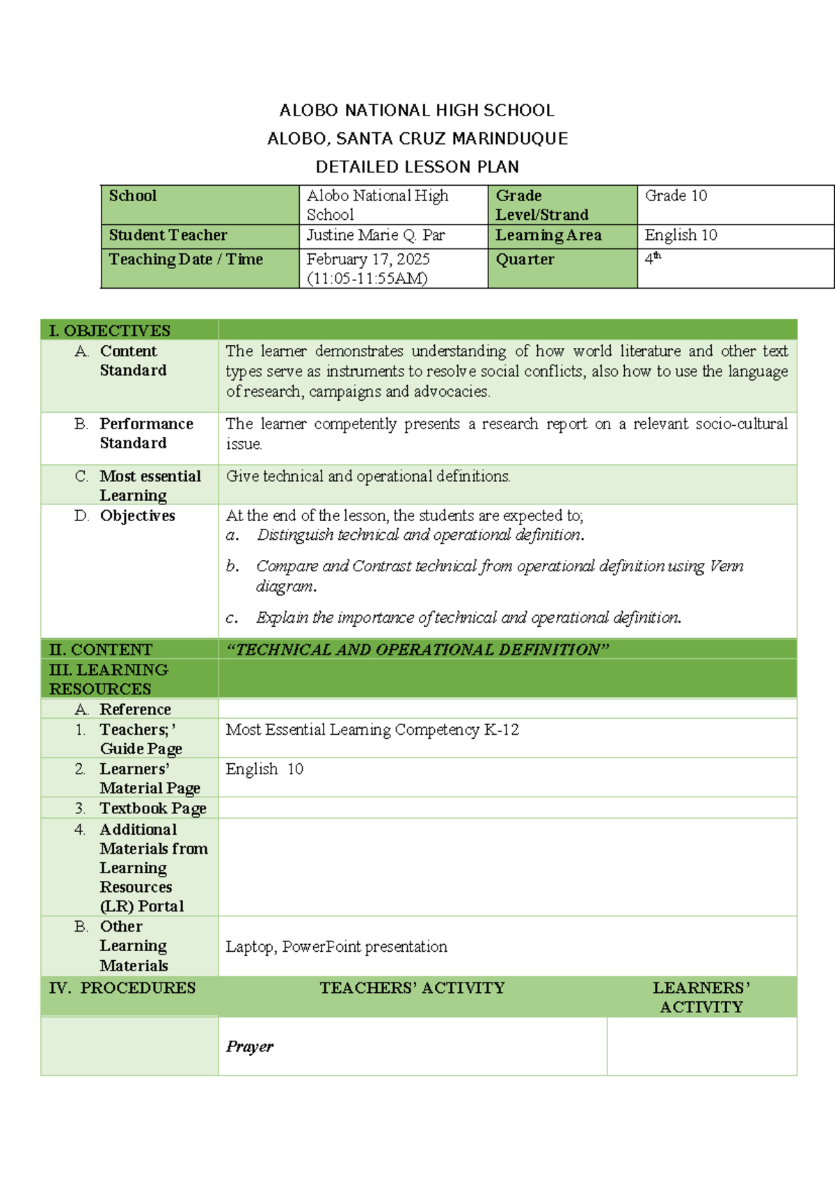 Grade 10 English Lesson Plan: Technical and Operational Definitions ...