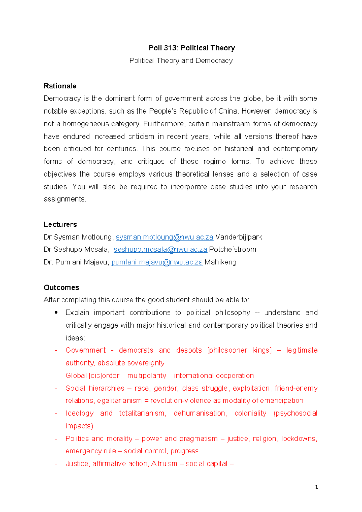 POLI313 Course Outline: Political Theory and Democratic Critiques - Studocu