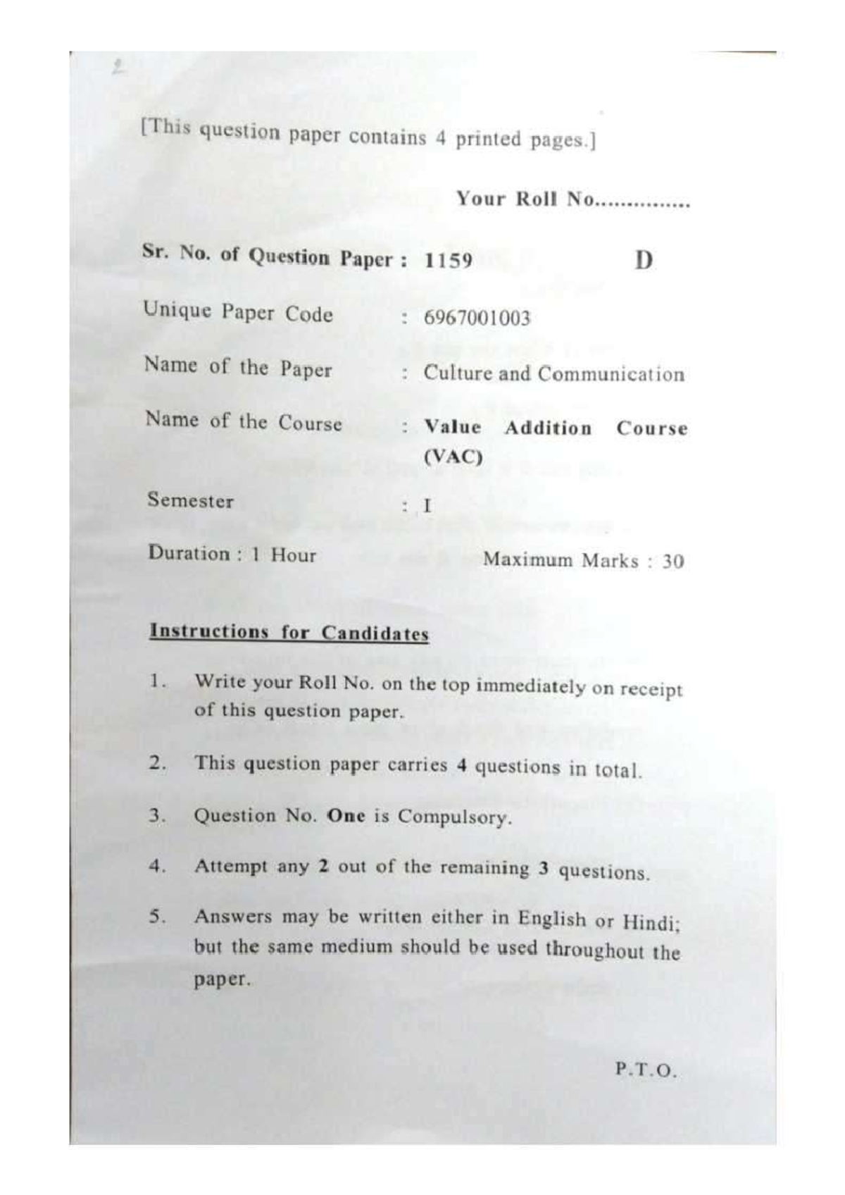 VAC I Semester Question Paper: Culture and Communication Exam - Studocu