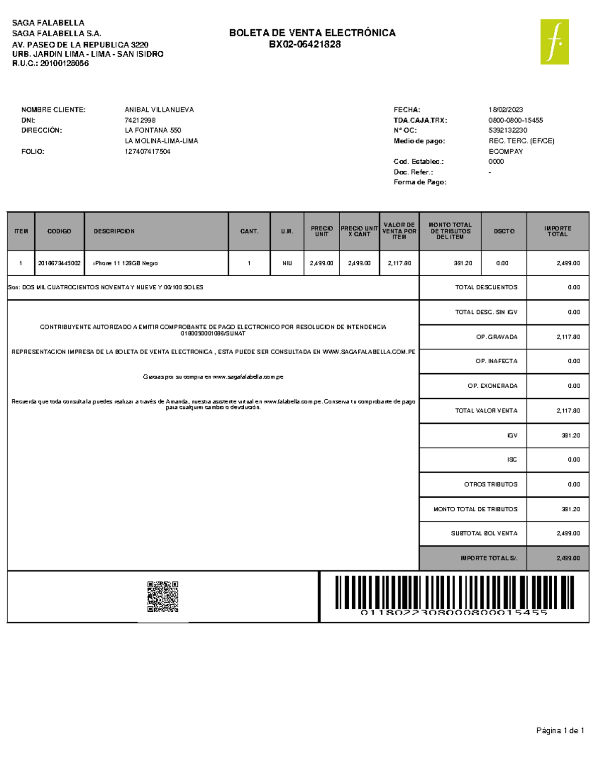 BX0206421828 - Boleta de Venta Electrónica de SAGA FALABELLA - Document Preview