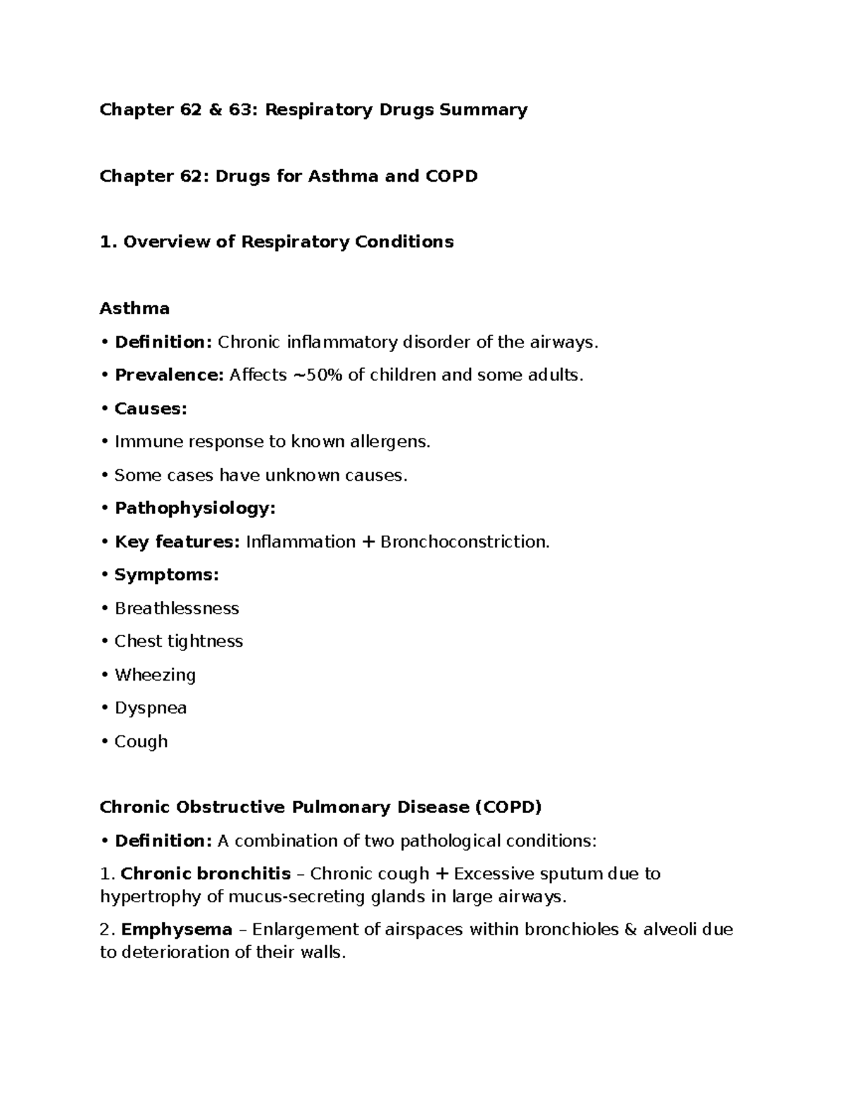 Chapter 62 & 63: Pharmacology of Respiratory Drugs Summary - Studocu