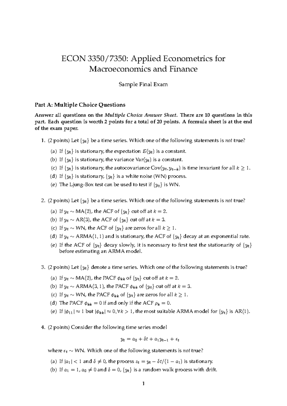 ECON 3350/7350: Sample Final Exam on Applied Econometrics - Studocu