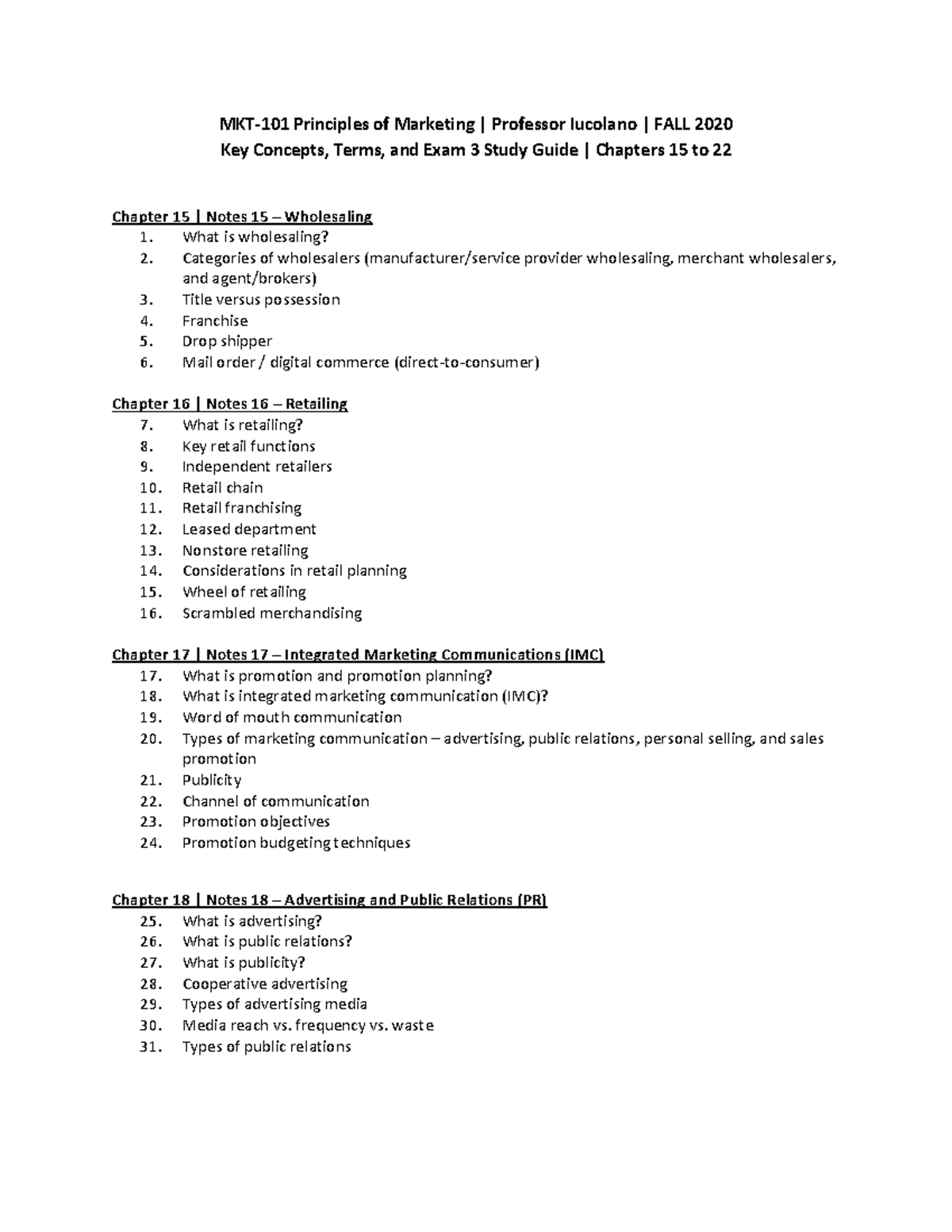 MKT 101 Exam 3 Study Guide: Key Concepts from Chapters 15-22 - Studocu