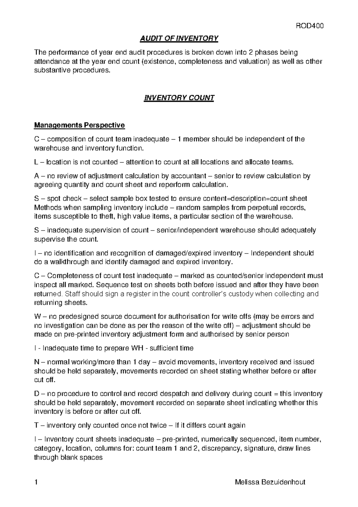 ROD400 Inventory Audit Procedures: Year-End Count & Substantive Tests ...