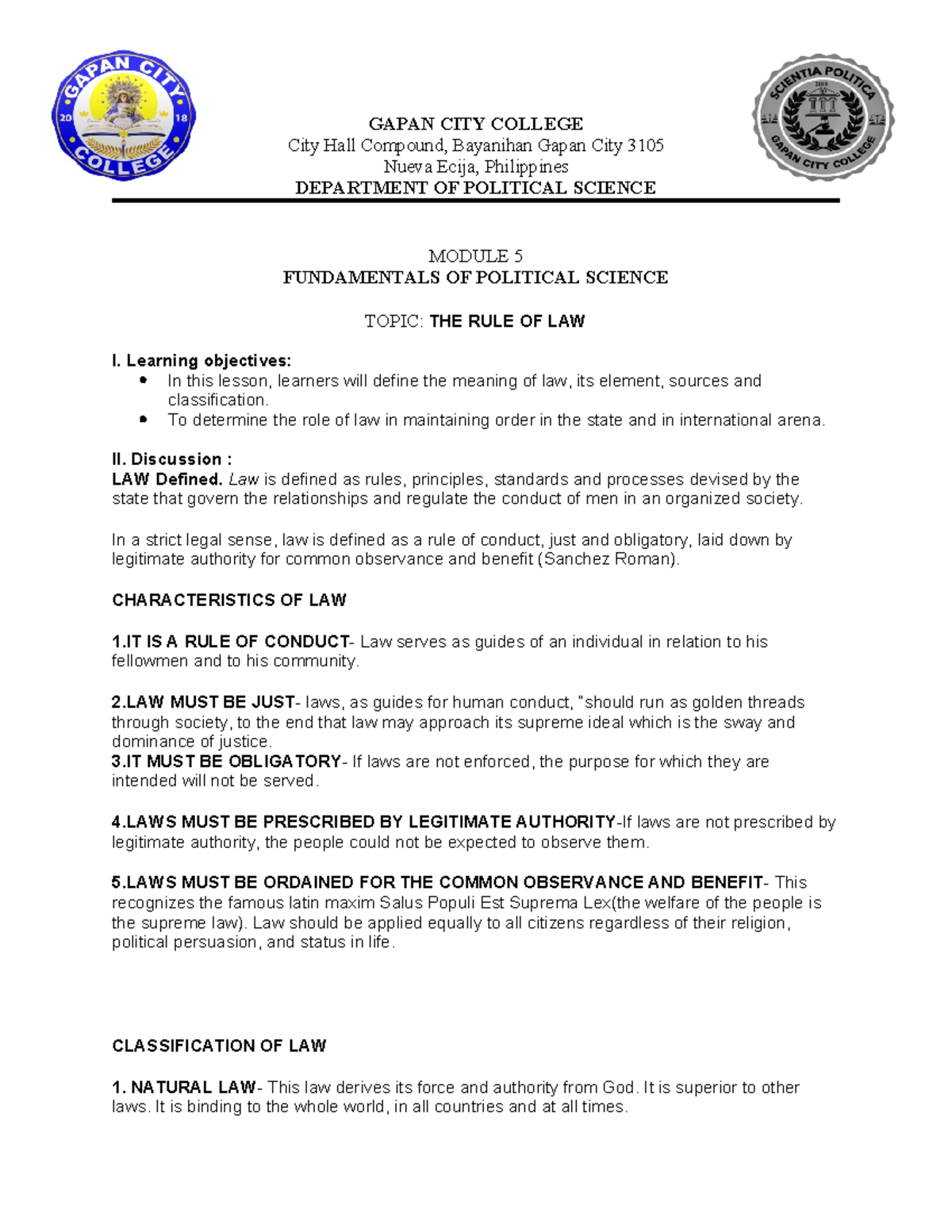 PS 1 Module 5 - Fundamentals of Political Science: The Rule of Law ...