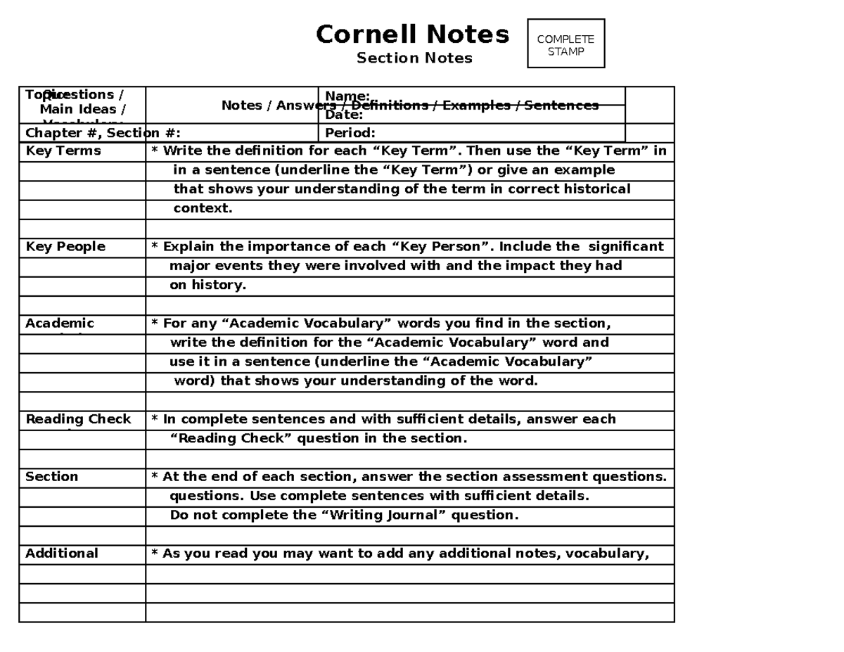 Cornell Note System Guide: Key Terms & Academic Vocabulary - Studeersnel