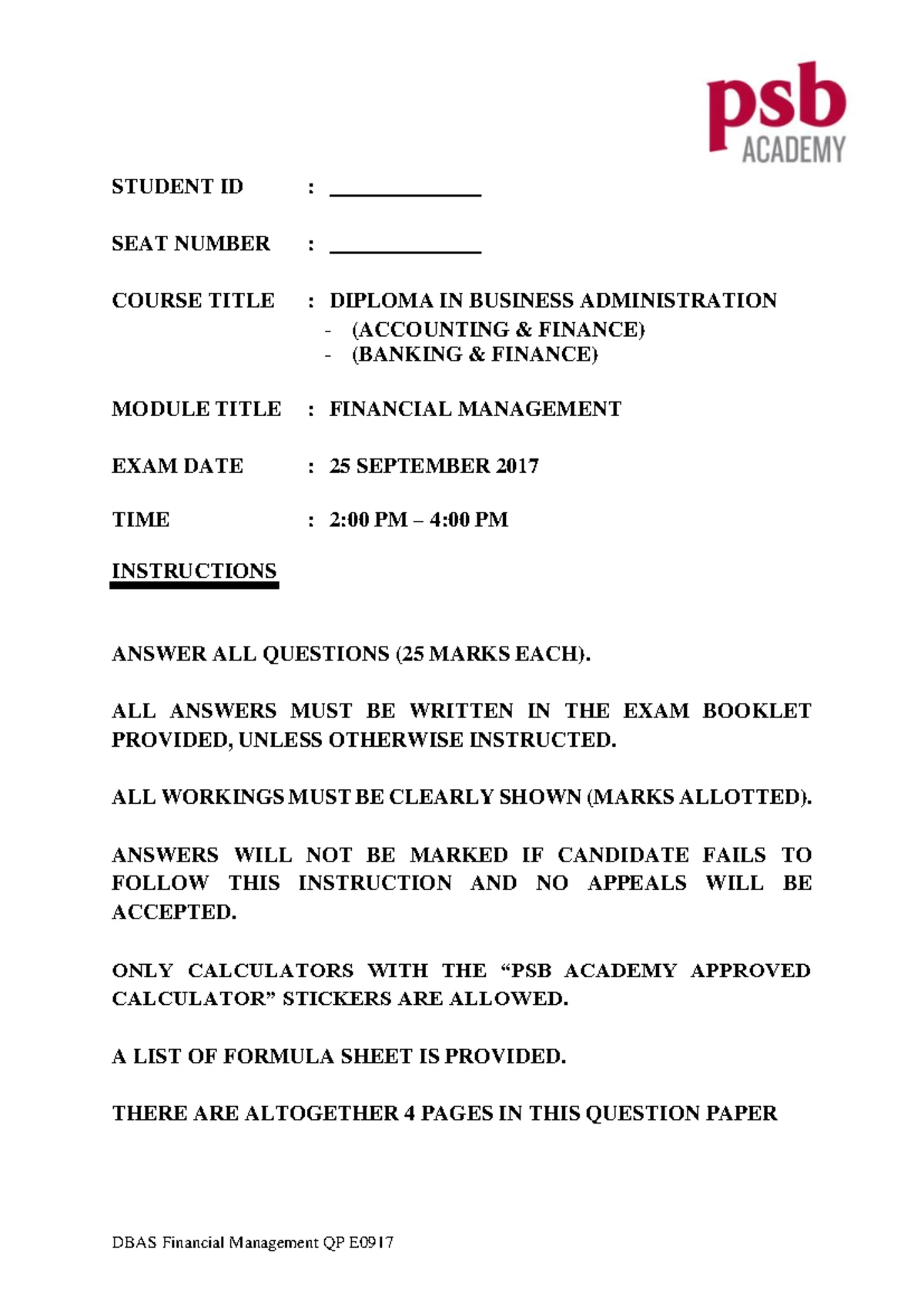 Sample Paper DBA FM Set 7: Financial Management Exam Questions - Studocu