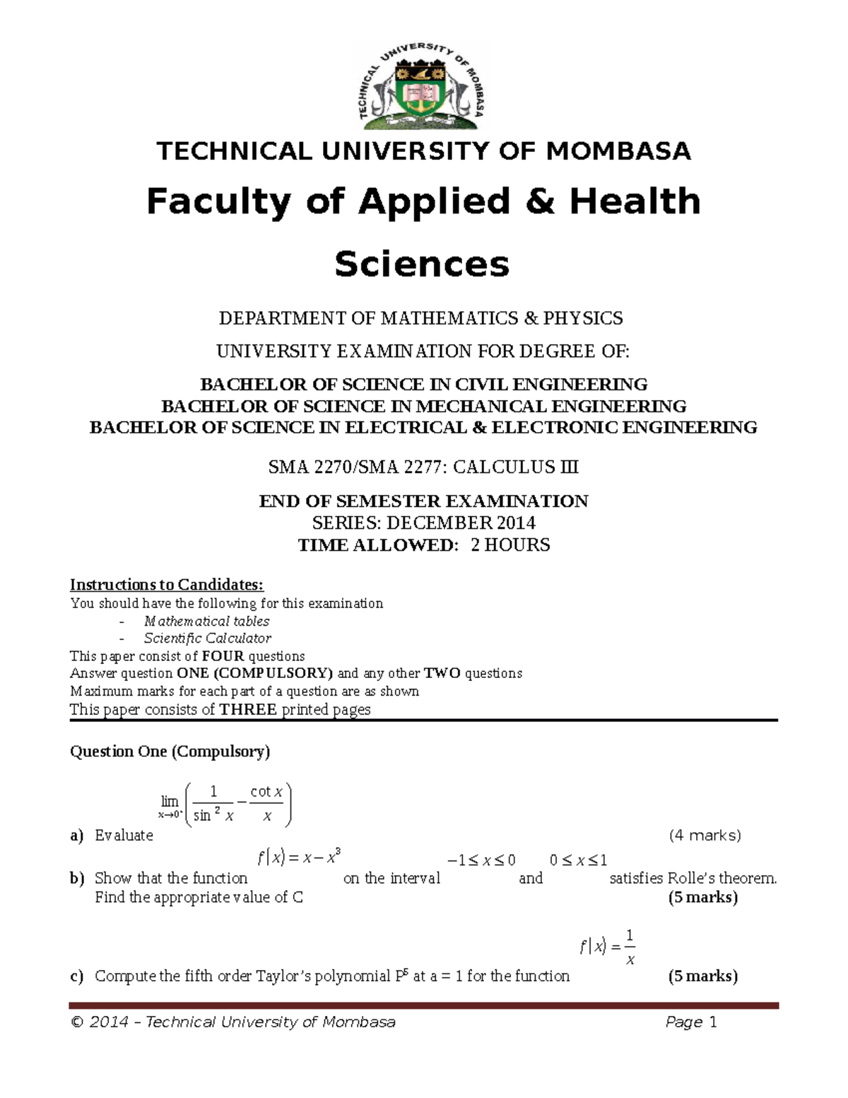 Calculus III SMA 2277: End of Semester Exam December 2014 - Studocu