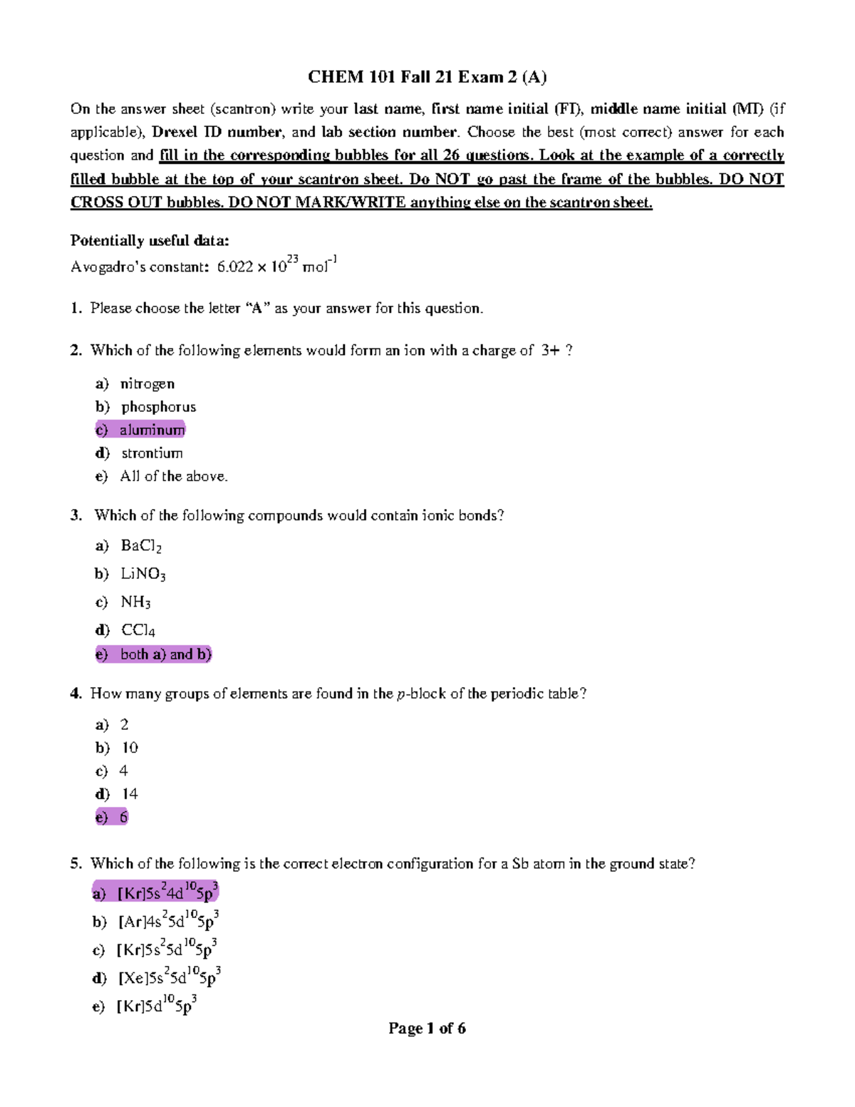 Exam 2 2021 - Exam - CHEM 101 Fall 21 Exam 2 (A) On the answer sheet ...
