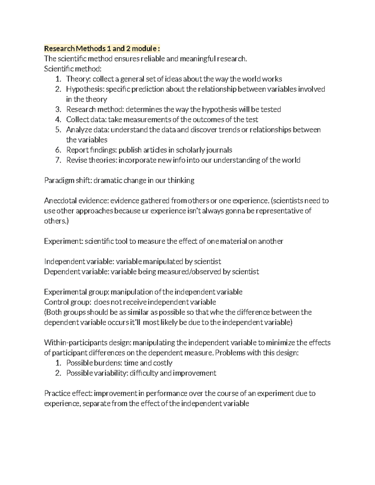 Psychology - notes - Research Methods 1 and 2 module : The scientific ...