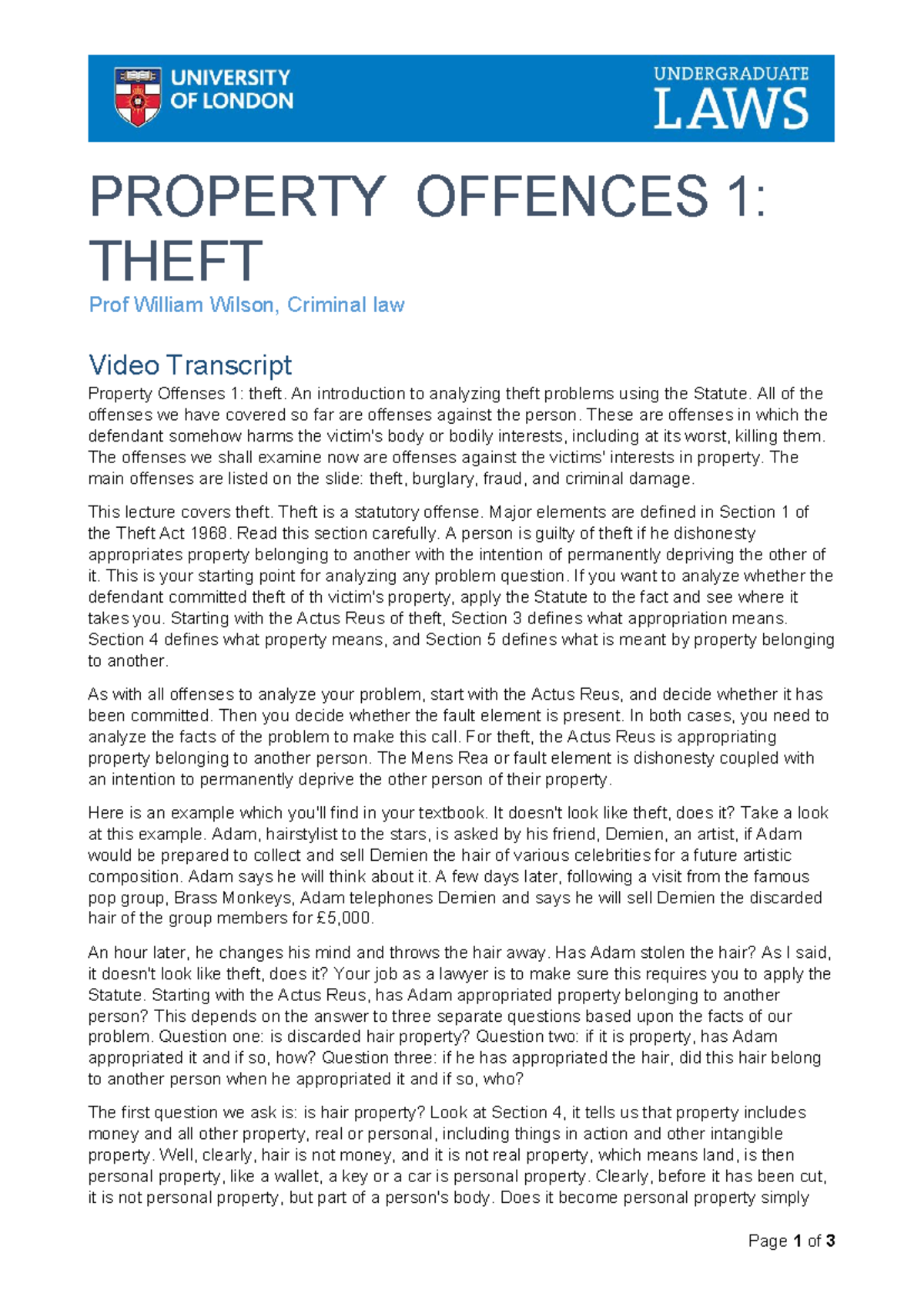 PROPERTY OFFENCES 1: THEFT - Lecture Notes on Statutory Analysis - Studocu