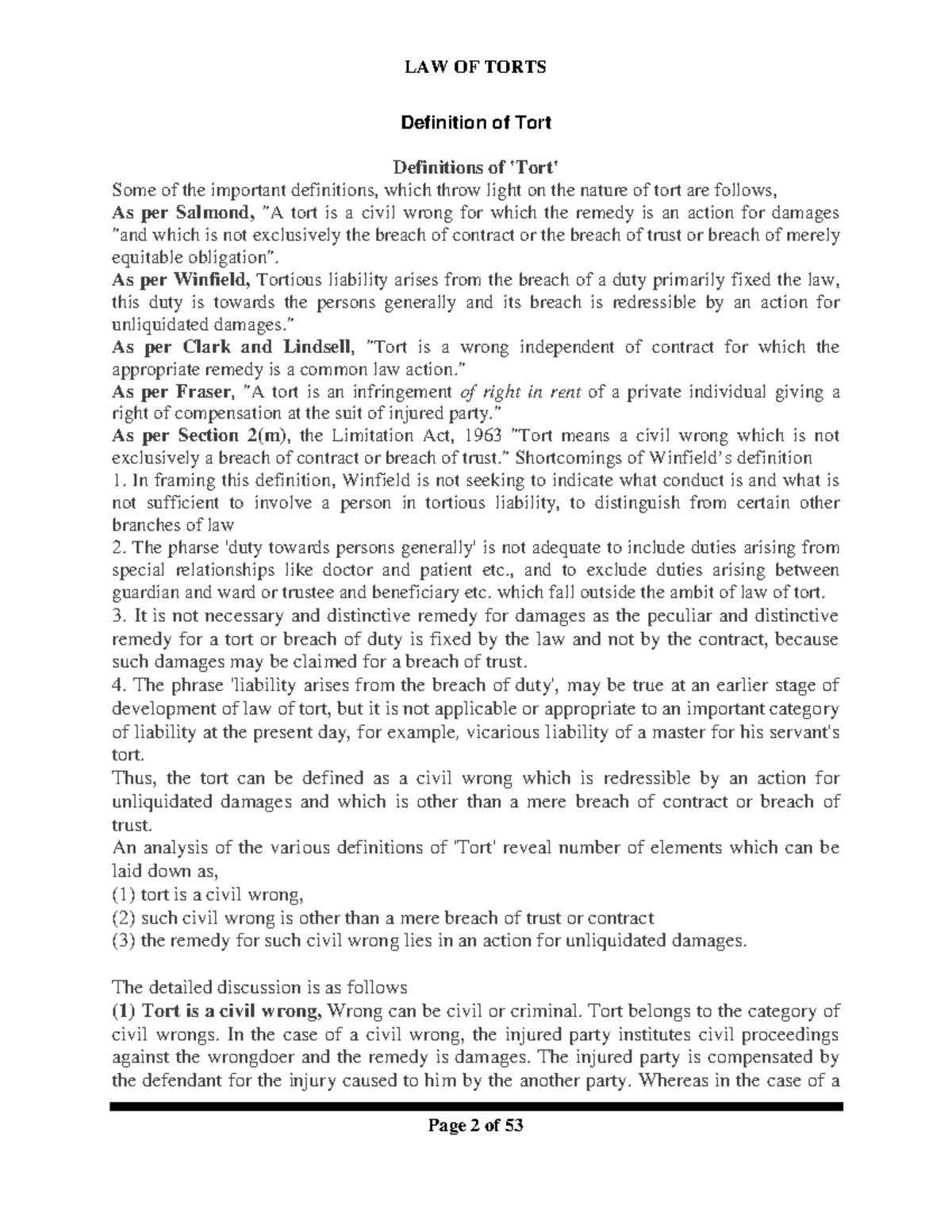 103 LAW OF Torts Semester 1 - Understanding Definitions and Key ...