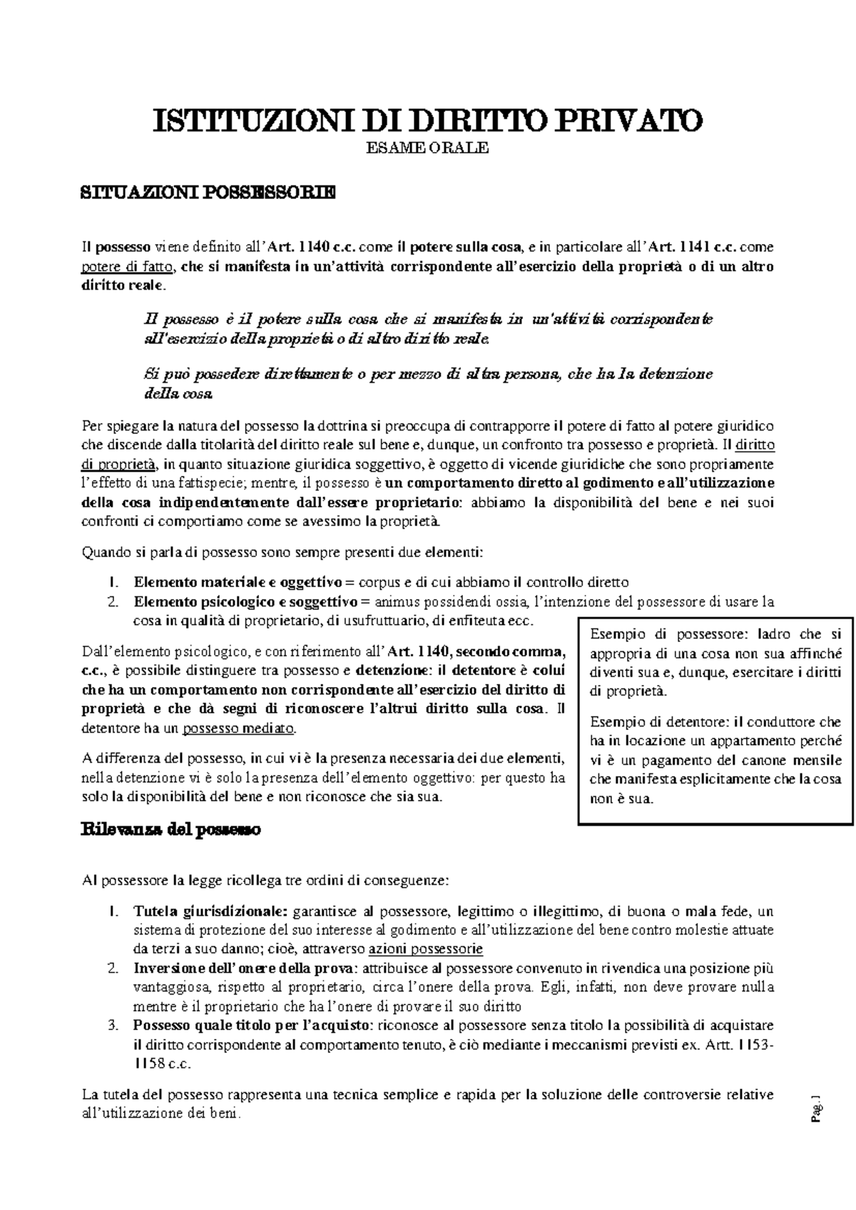 ISTITUZIONI DI DIRITTO PRIVATO - ESAME ORALE SUL POSSESSO E TUTELA ...