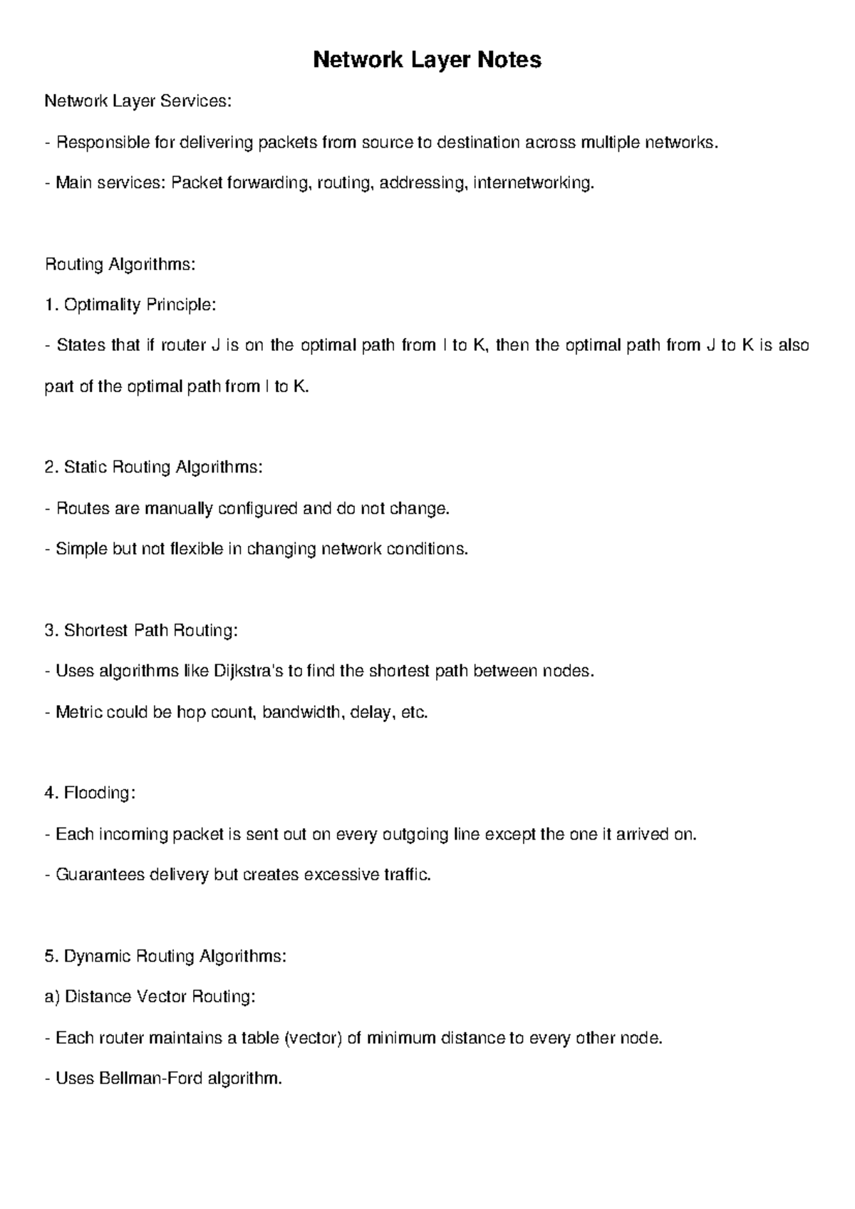 Network Layer Notes - Bshsndnd: Services & Routing Algorithms - Studocu