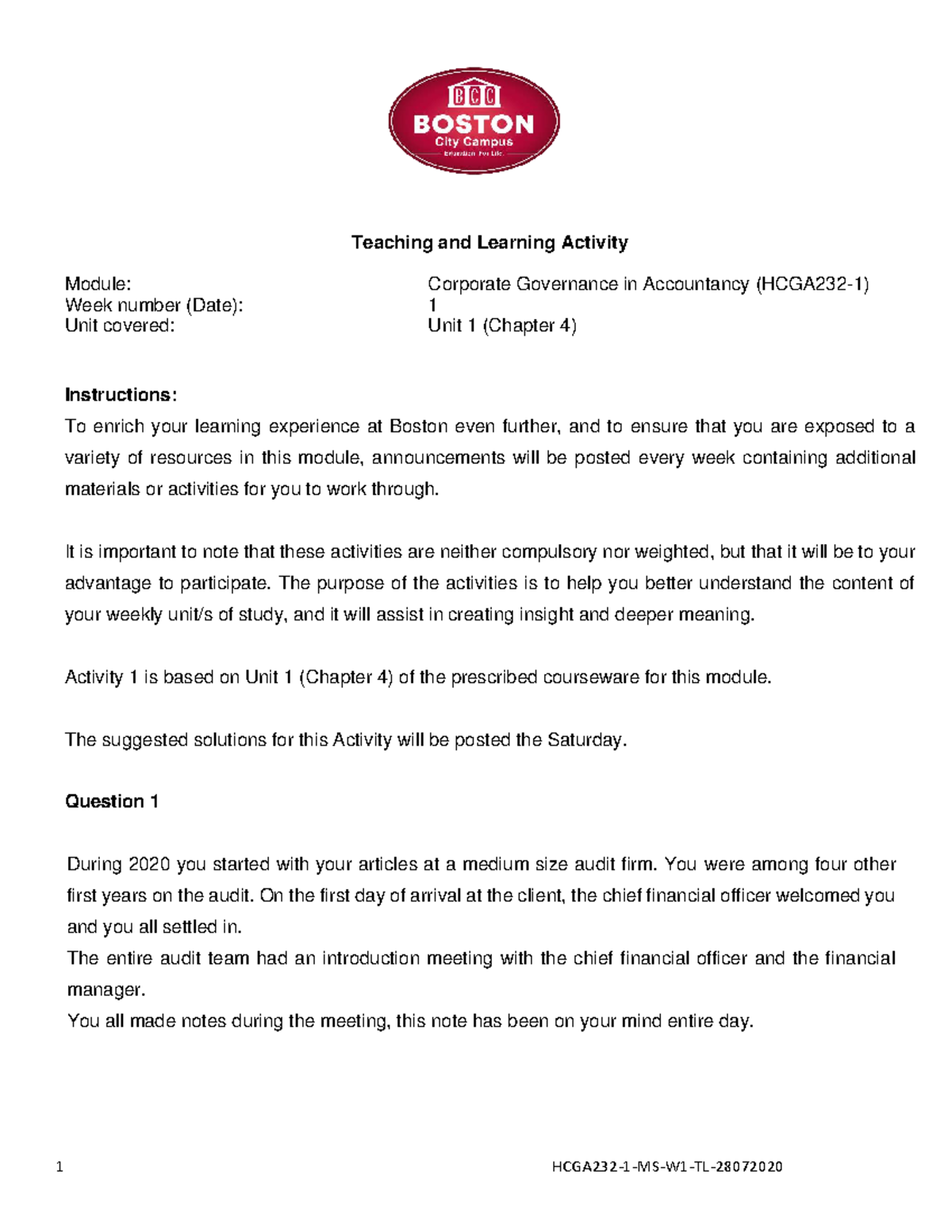 HCGA232-1 Teaching & Learning Activity: Unit 1 - Chapter 4 Insights ...