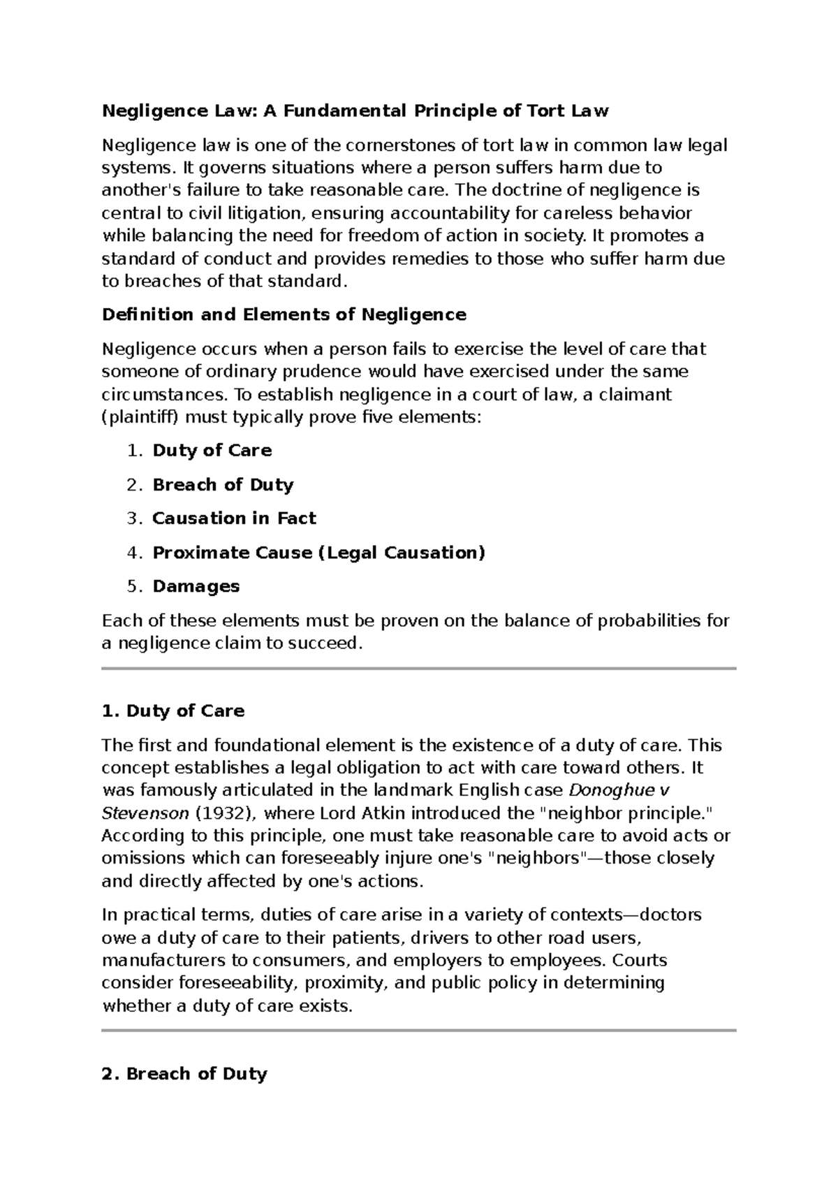 Negligence Law: Key Principles and Elements in Tort Law - Studocu