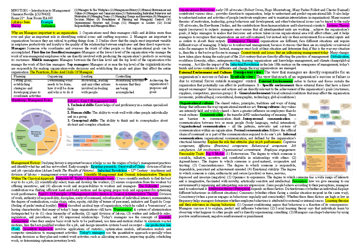 MNGT1001 Final Exam Prep - Key Concepts in Management Summary - Studocu