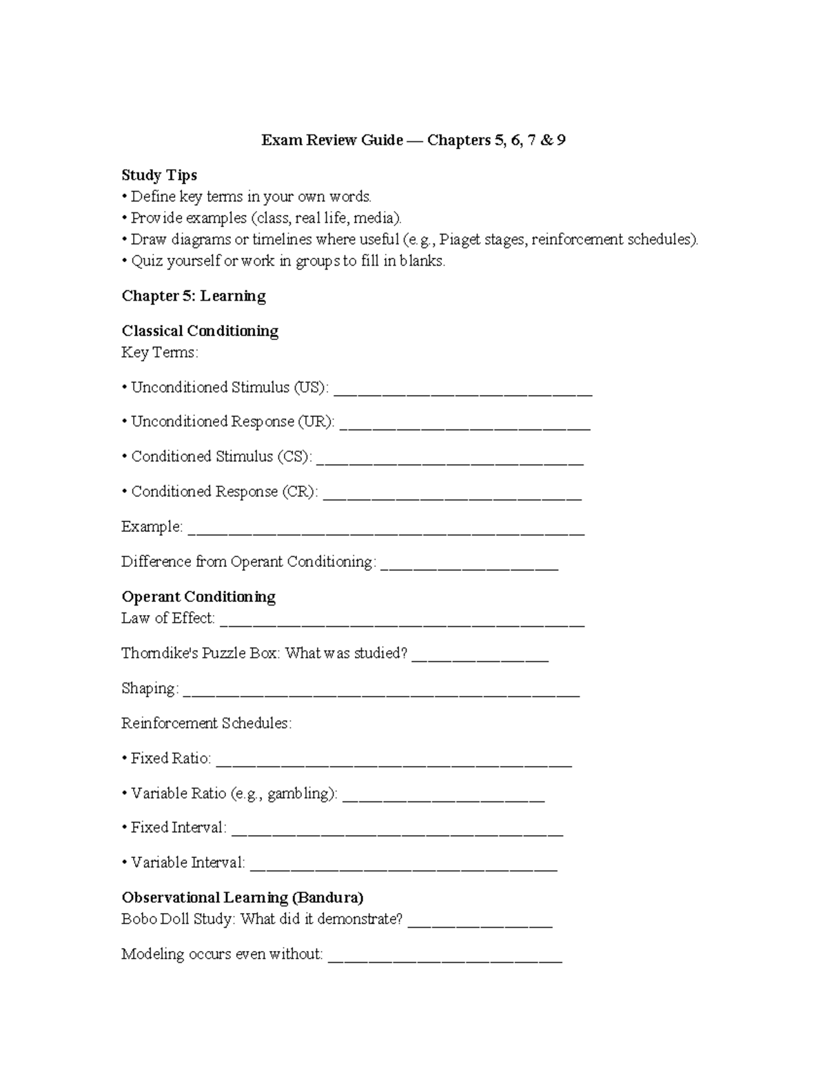 Exam Review Guide for Psychology: Chapters 5, 6, 7 & 9 Study Tips - Studocu