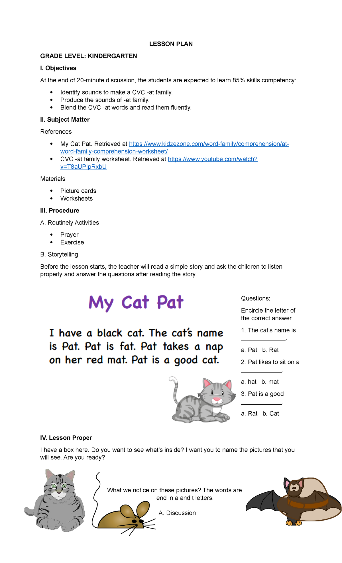 Kindergarten Lesson Plan: CVC -at Family Activities and Objectives ...