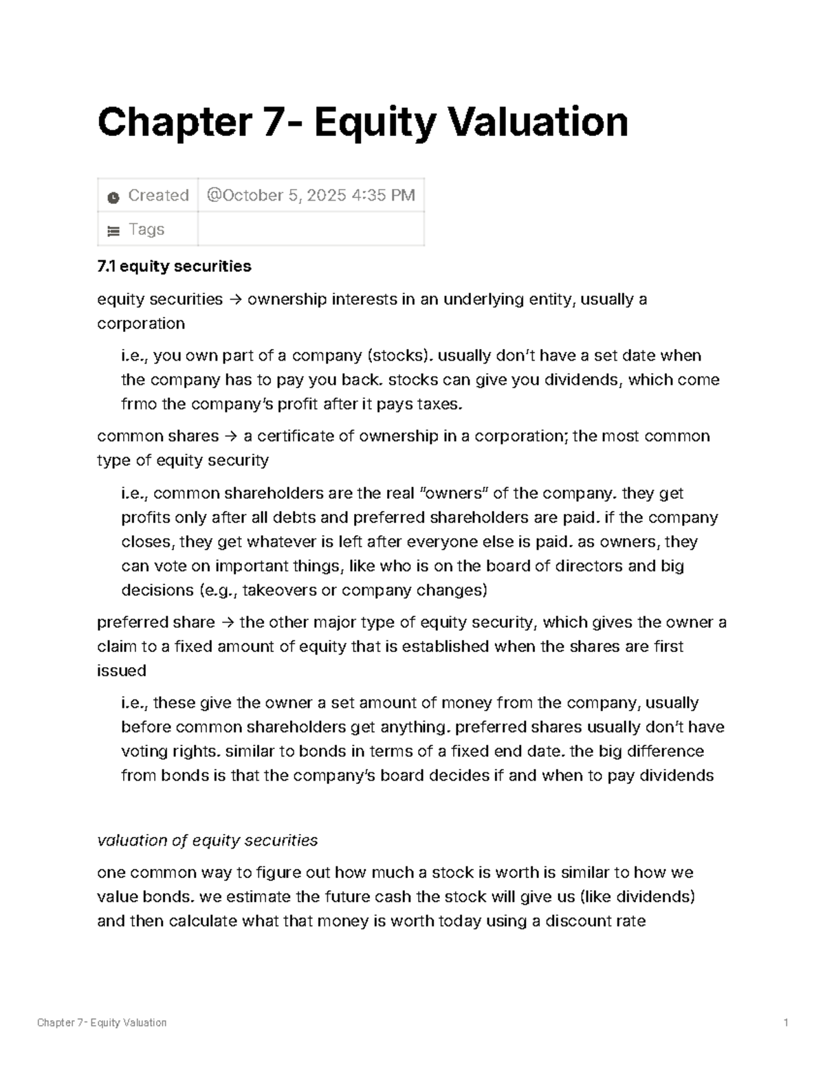 Chapter 7 - Equity Valuation: Understanding Equity Securities - Studocu