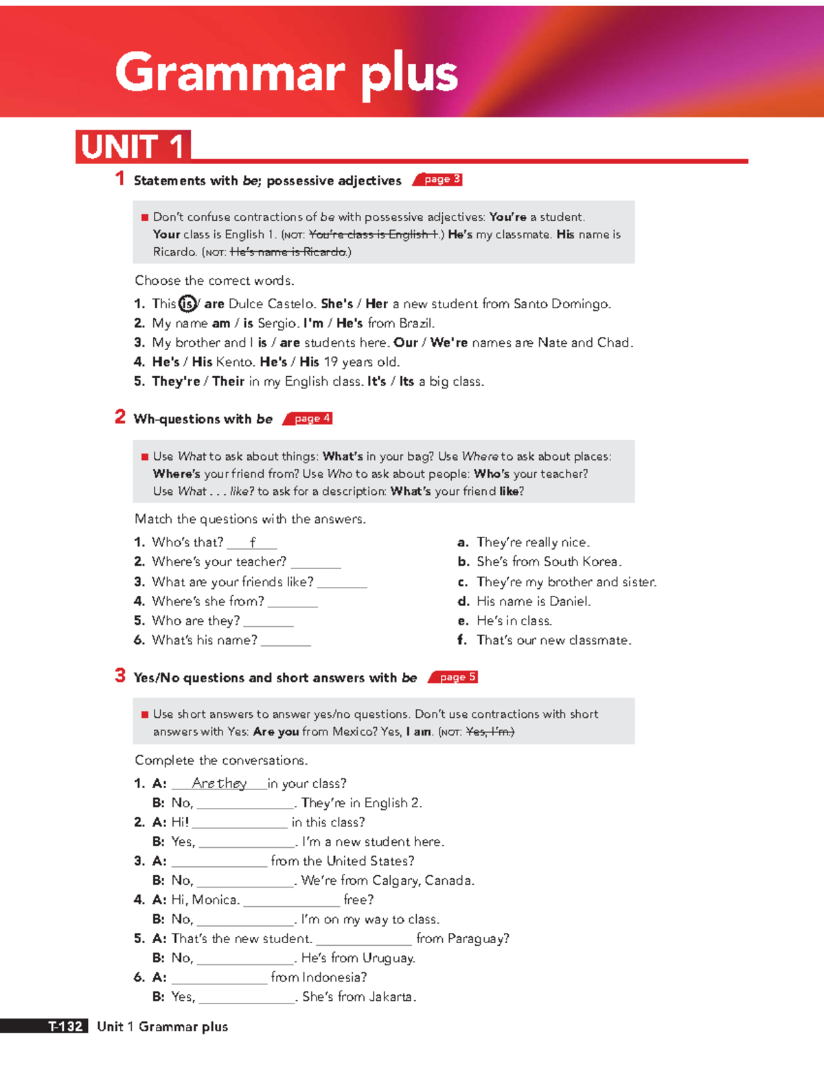 Int 1 - 5th ed Grammar Plus Unit 1 - Grammar plus 1 Statements with be ...