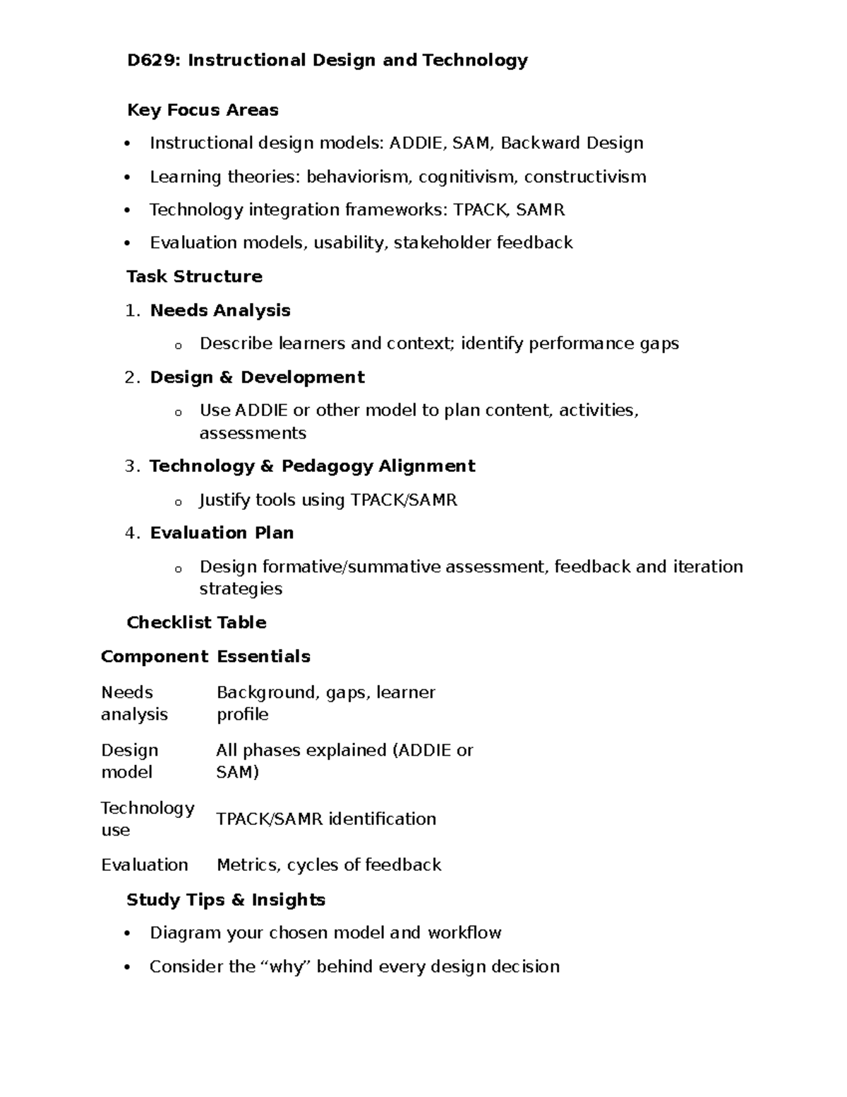 D629: Guided Notes on Instructional Design Models and Frameworks - Studocu