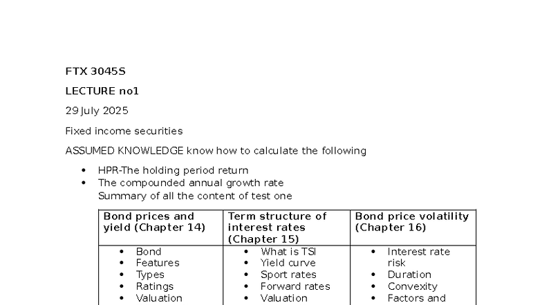 FTX 3045S TEST 1 PREP - Fixed Income Securities Overview - Studocu