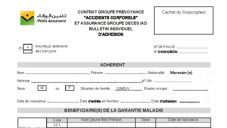 Contrat Groupe Prévoyance et Assurance Décès - Adhésion Individuelle - Document Preview