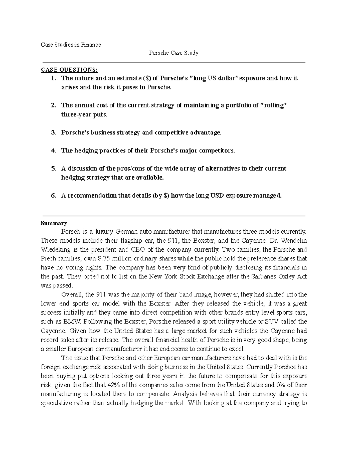 Porsche Case Study - Case Studies in Finance Porsche Case