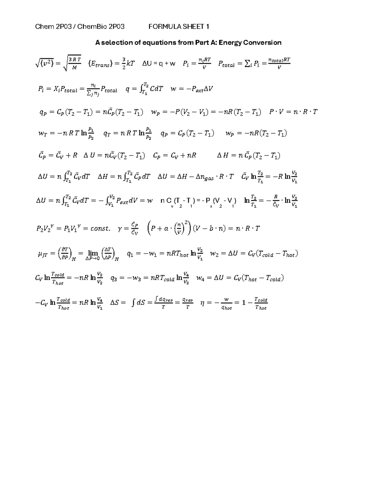 Chem 2P03 ChemBio 2P03 Energy Conversion Formula Sheet W2026 - Studocu