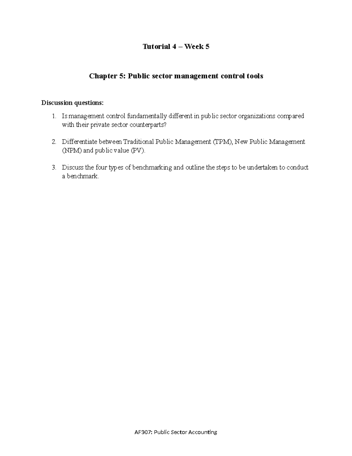 AF307 - Tutorial 4 - Public Finance - Tutorial 4 – Week 5 Chapter 5 ...