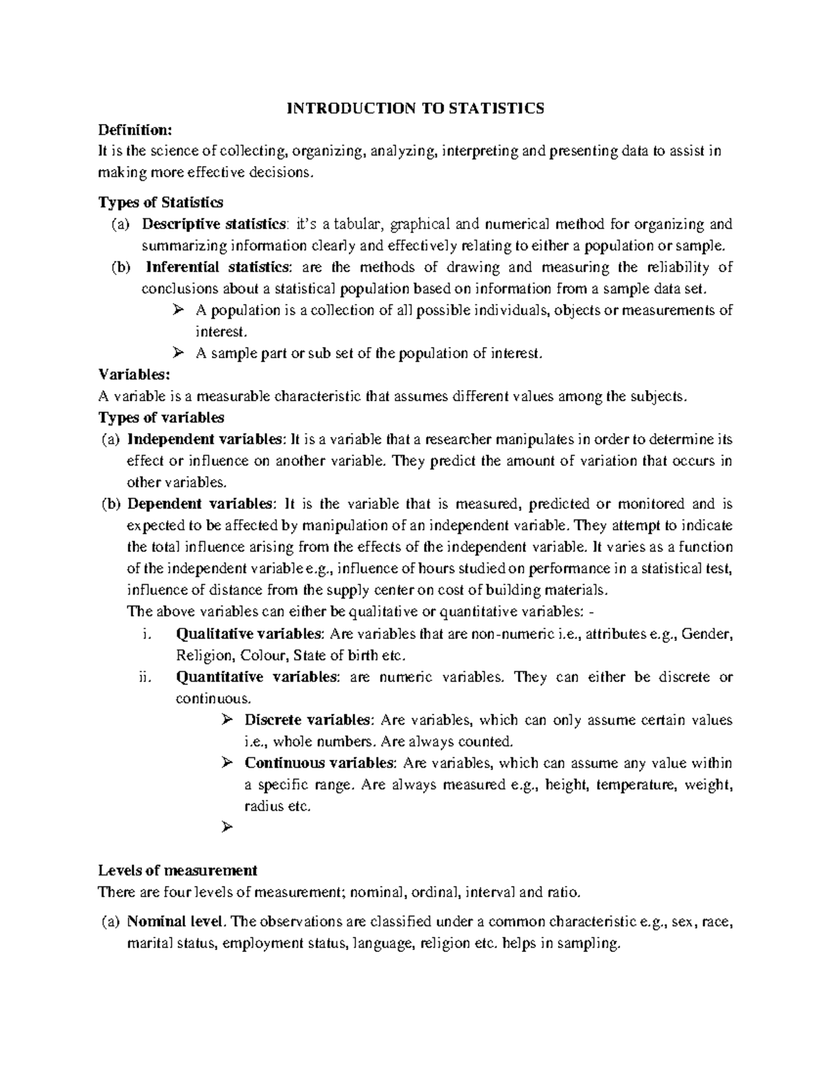 Introduction TO Statistics - INTRODUCTION TO STATISTICS Definition: It ...