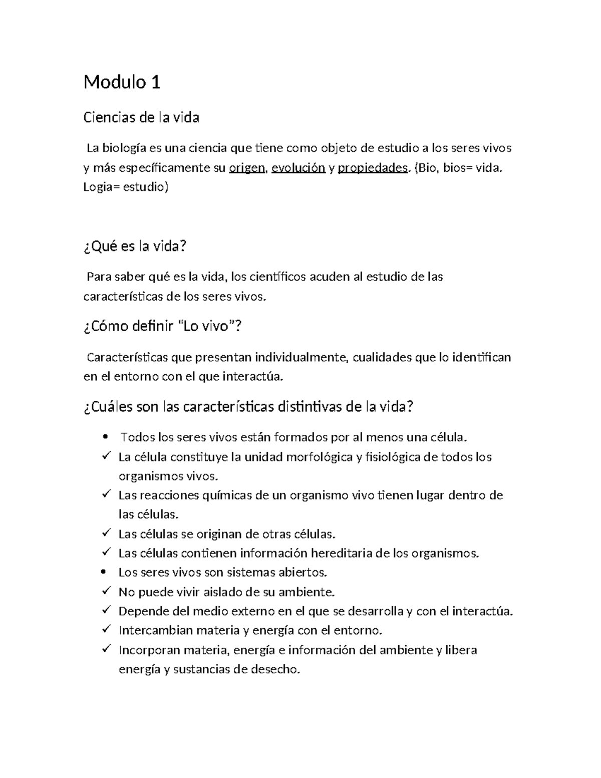 Modulo 1 BIO - Apuntes sobre Características de los Seres Vivos - Studocu