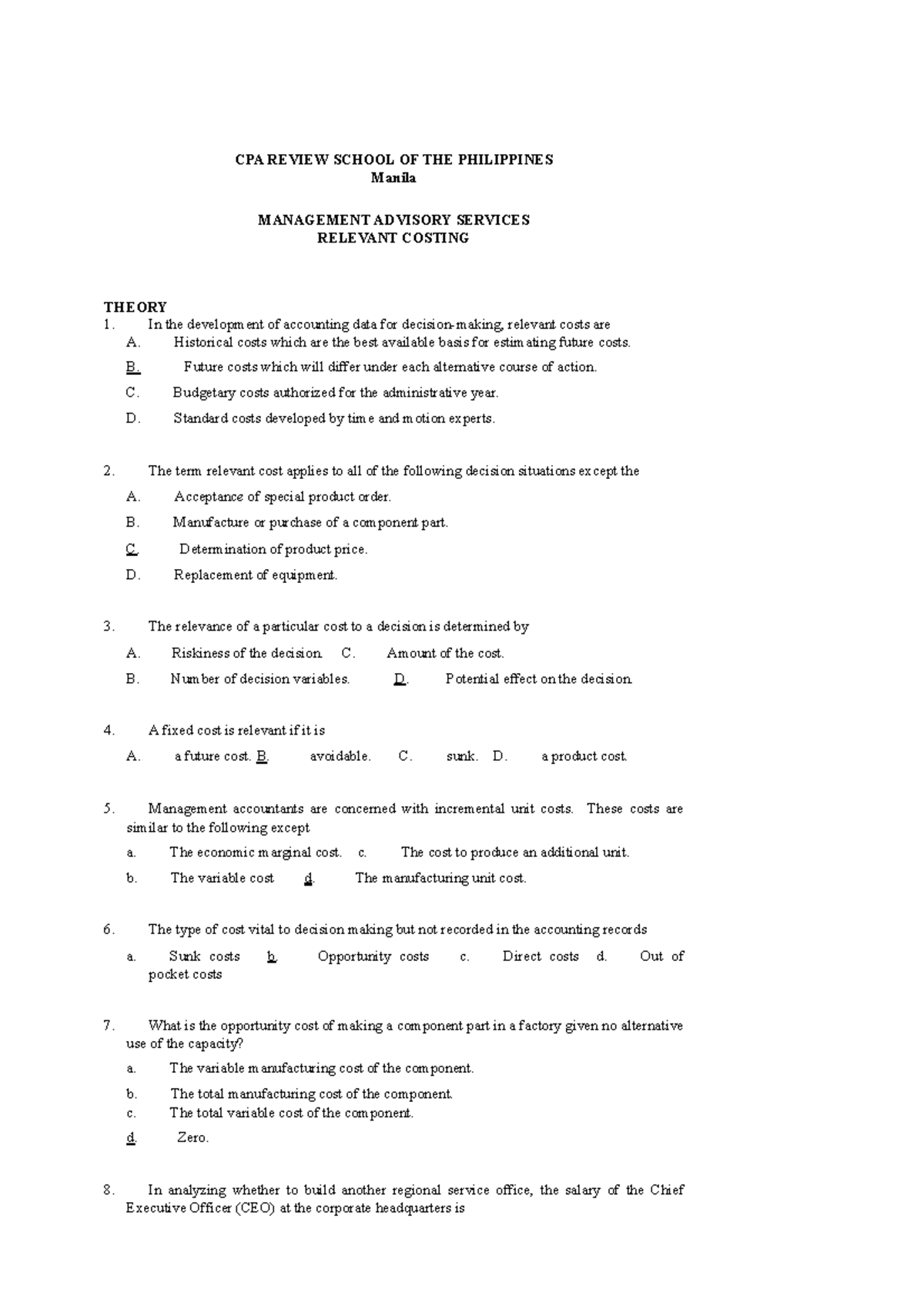CPA REVIEW: MANAGEMENT ADVISORY SERVICES - RELEVANT COSTING MCQs - Studocu
