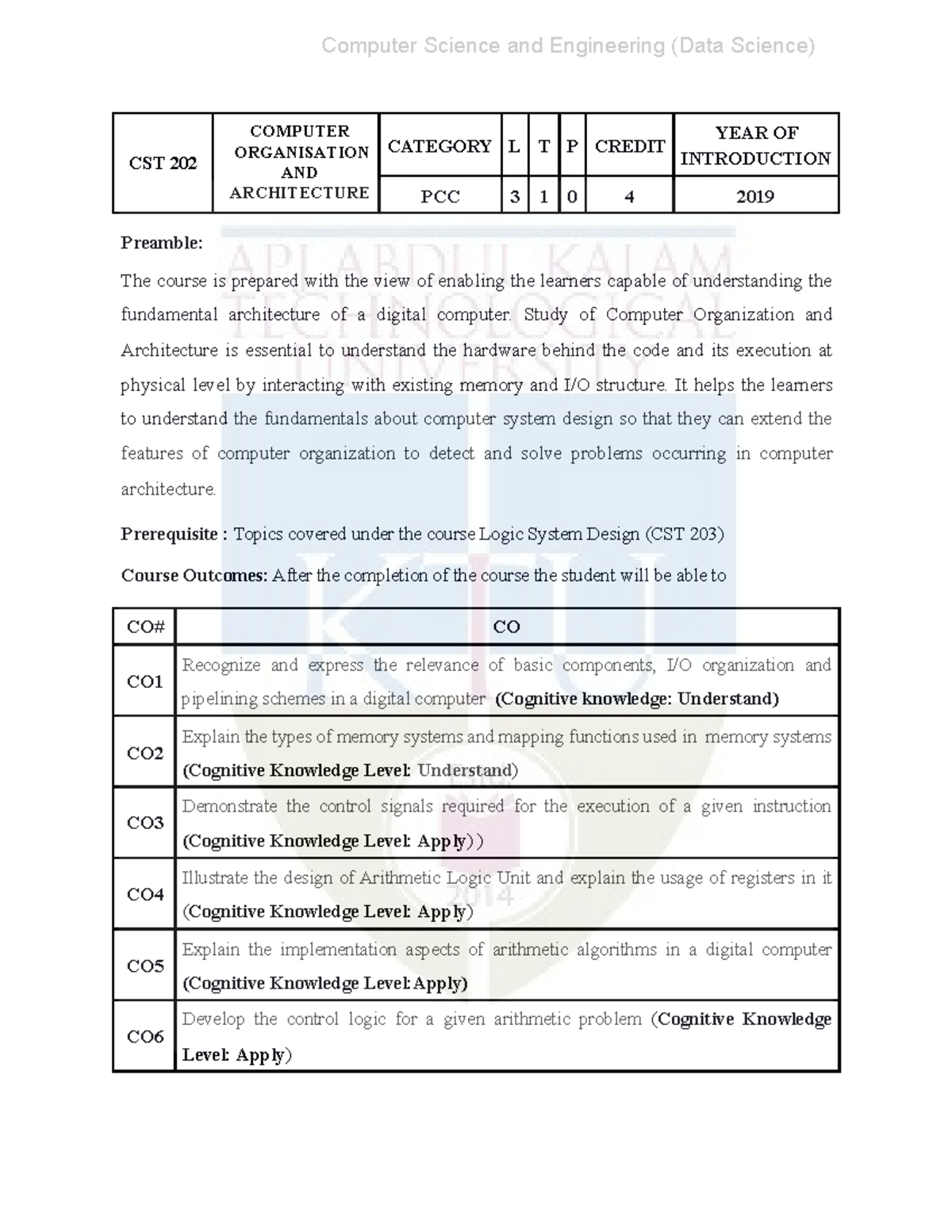 CST 202 Computer Organization and Architecture Syllabus Overview - Studocu