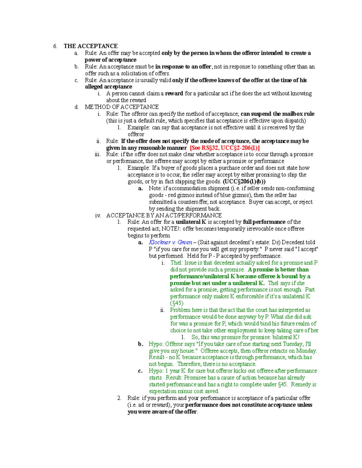 Contracts Law Outline - Acceptance & Indefiniteness Principles - Studocu