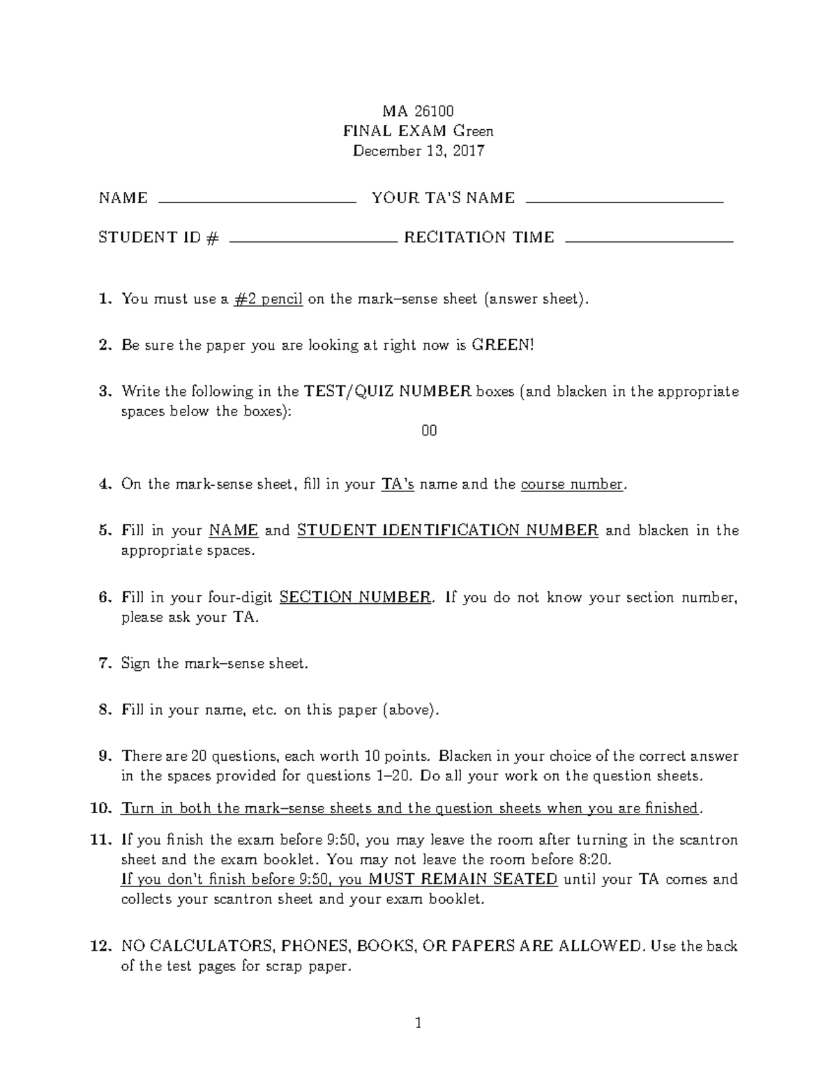 MA261 Practice Final Exam GREEN Fall 2017 - MA 26100 FINAL EXAM Green ...
