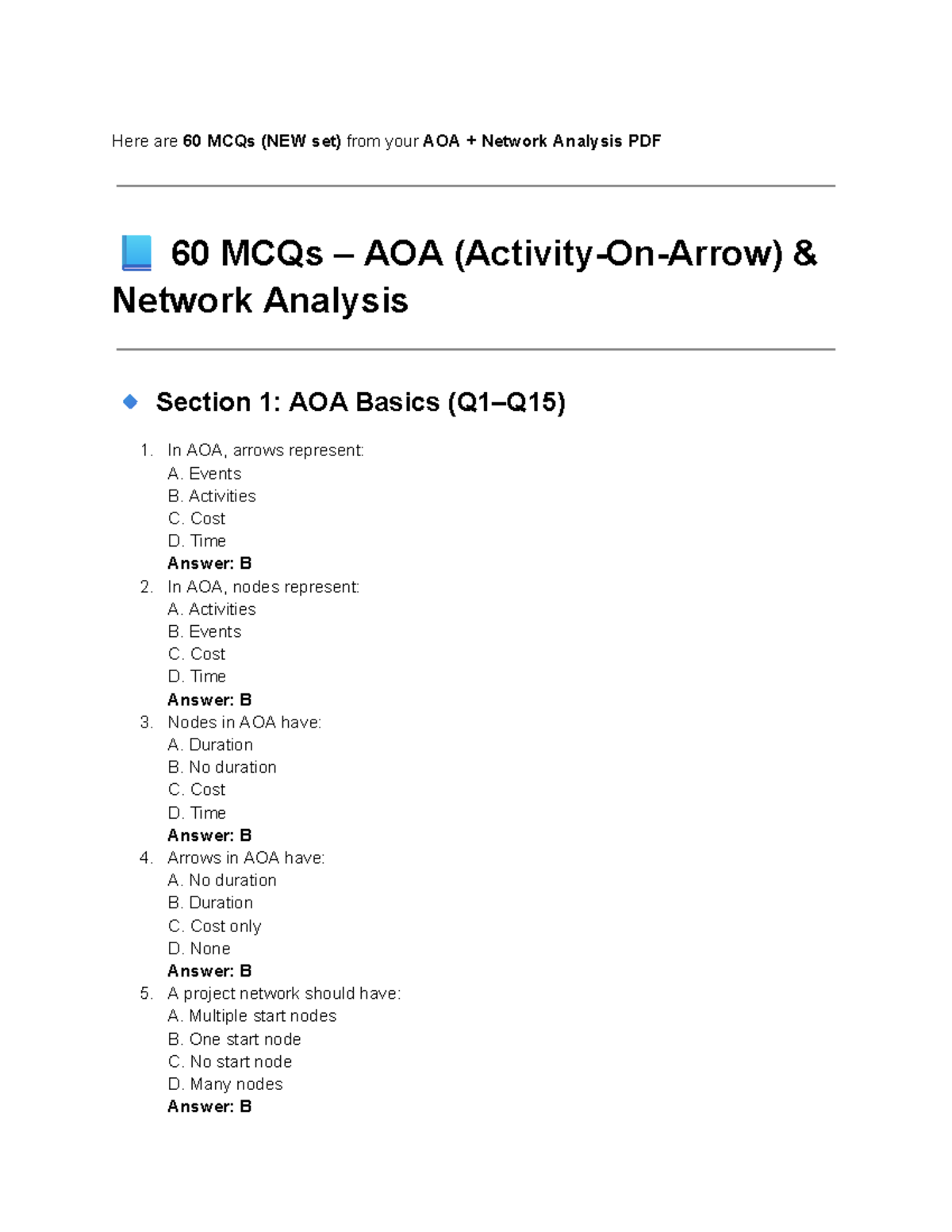 AOA 60 MCQs: Basics, Critical Path, and Project Networks Summary - Studocu