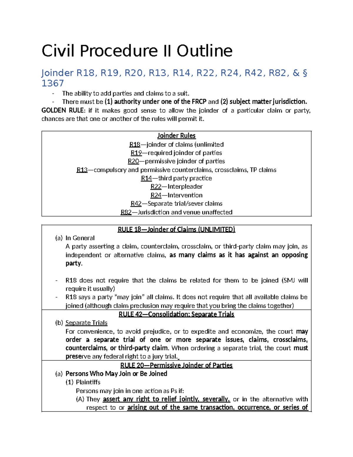 Civil Procedure II: Joinder Rules & Class Action Overview Outline - Studocu