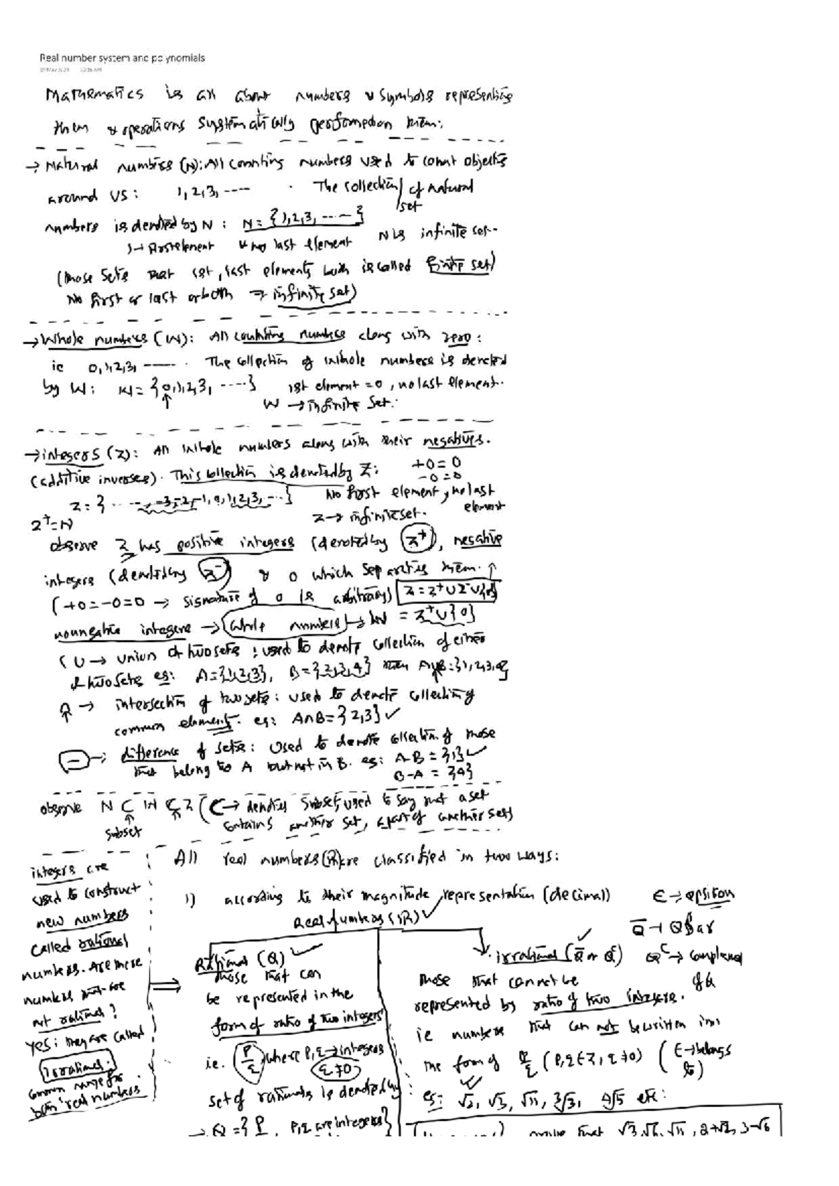 Real Number System Basics: Understanding N, W, Z, Q, and R - Studocu