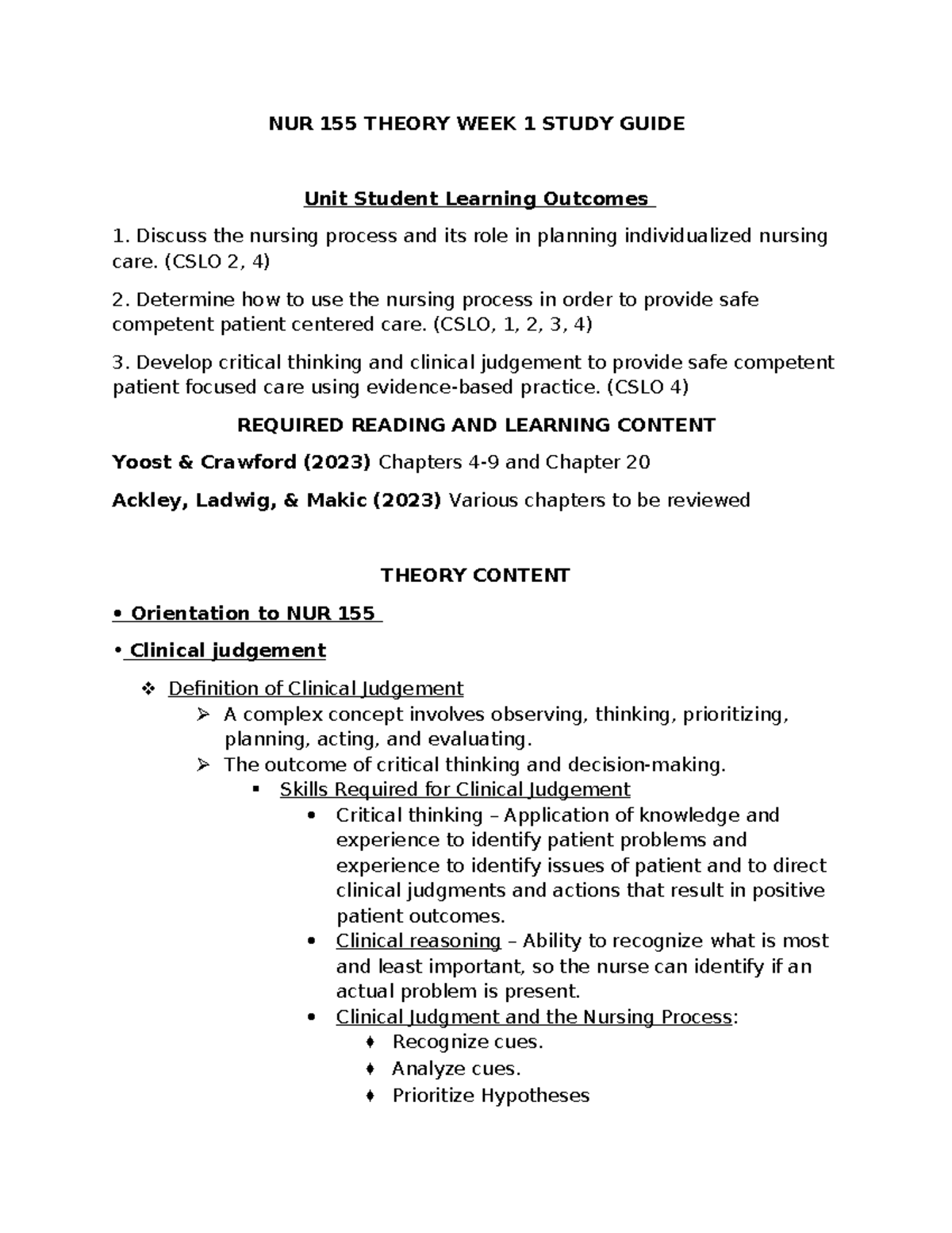 NUR 155 Theory Week 1 Study Guide: Nursing Process & Assessment Skills ...