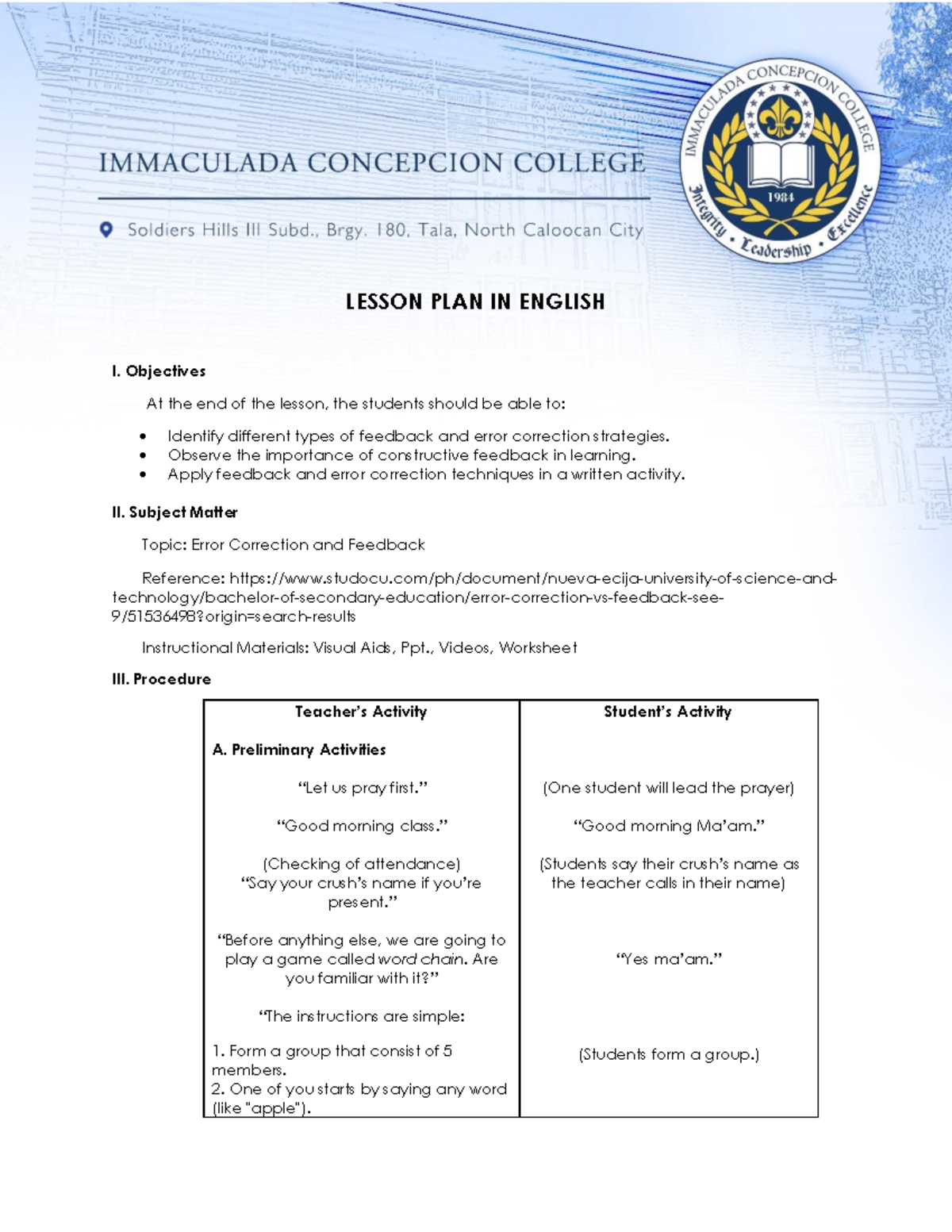 Error Correction and Feedback - LESSON PLAN IN ENGLISH I. Objectives At ...