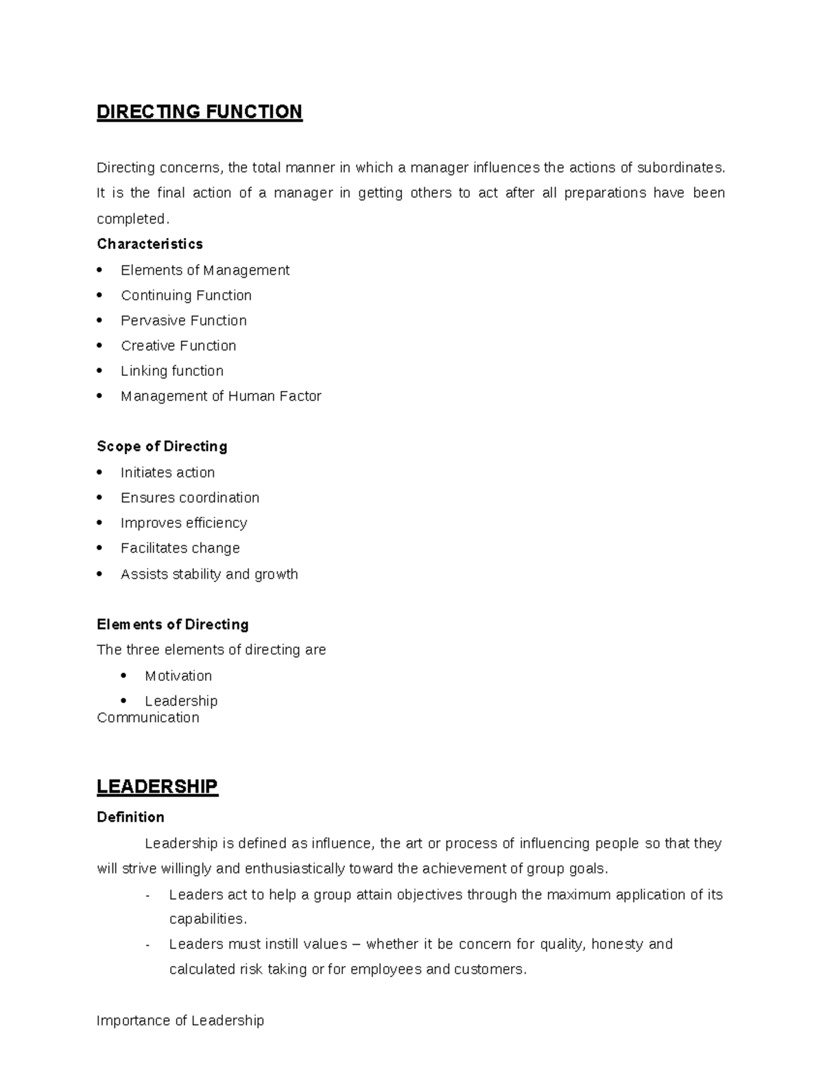Topic 6: The Directing Function in Management and Leadership - Studocu