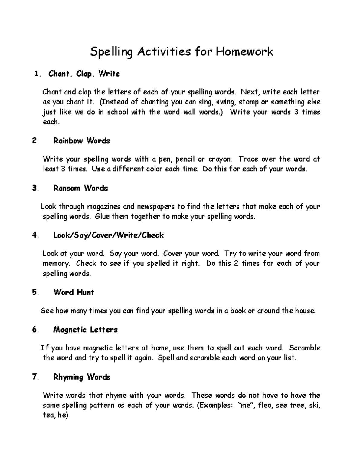 Kal's Spelling - off - Spelling Activities for Homework 1. Chant, Clap ...
